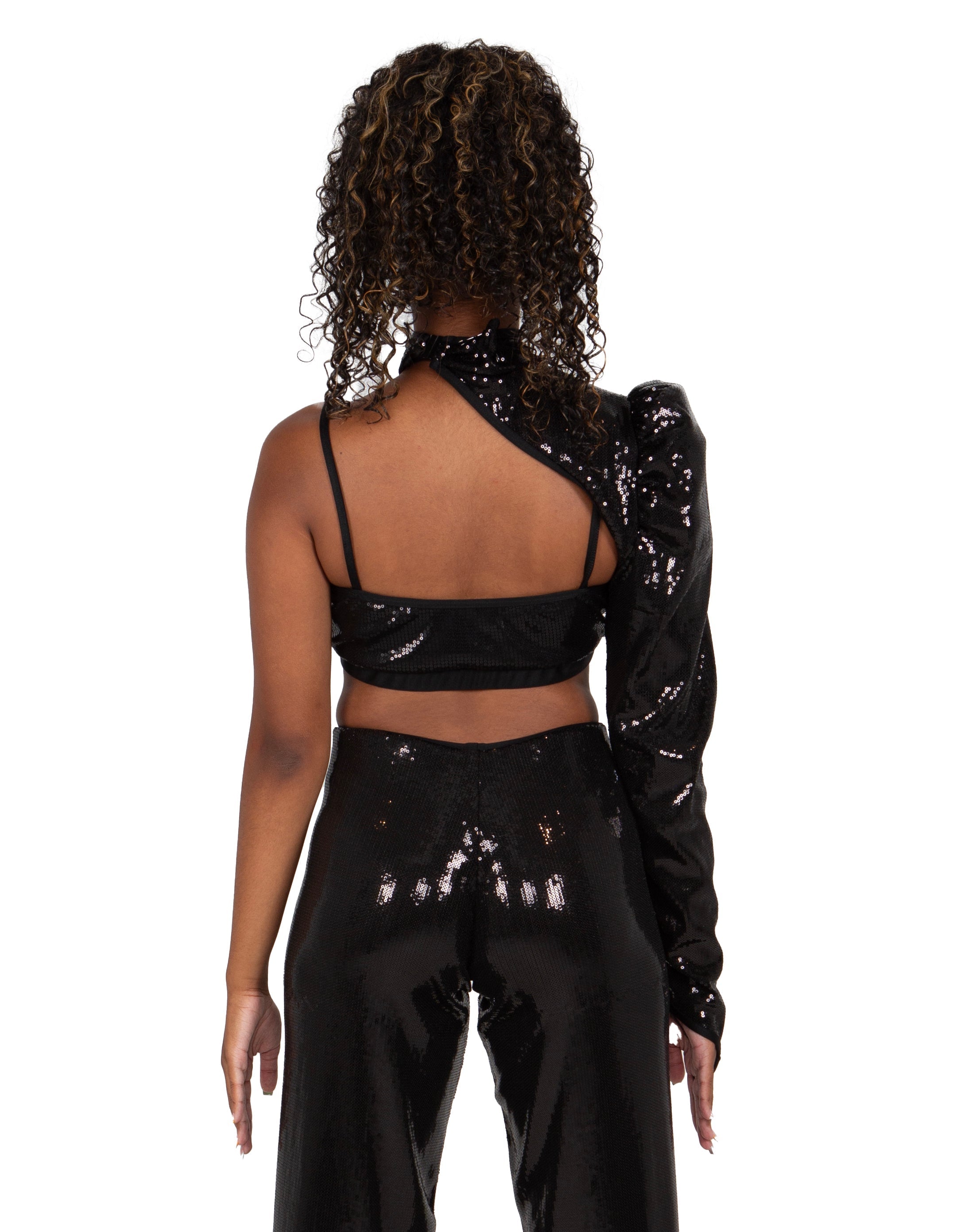 Liquid - Black Flat Sequin One Long Puff Sleeve TNeck Shrug