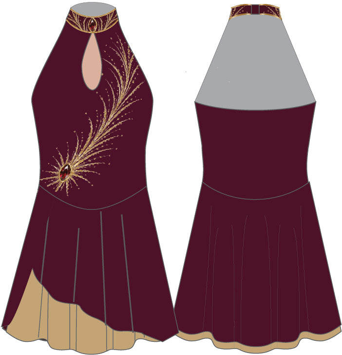 Custom Burgundy and Gold Halter Collar with Cutout Skating Dress -2 Layer Circle Skirt w/ side seams in skirt