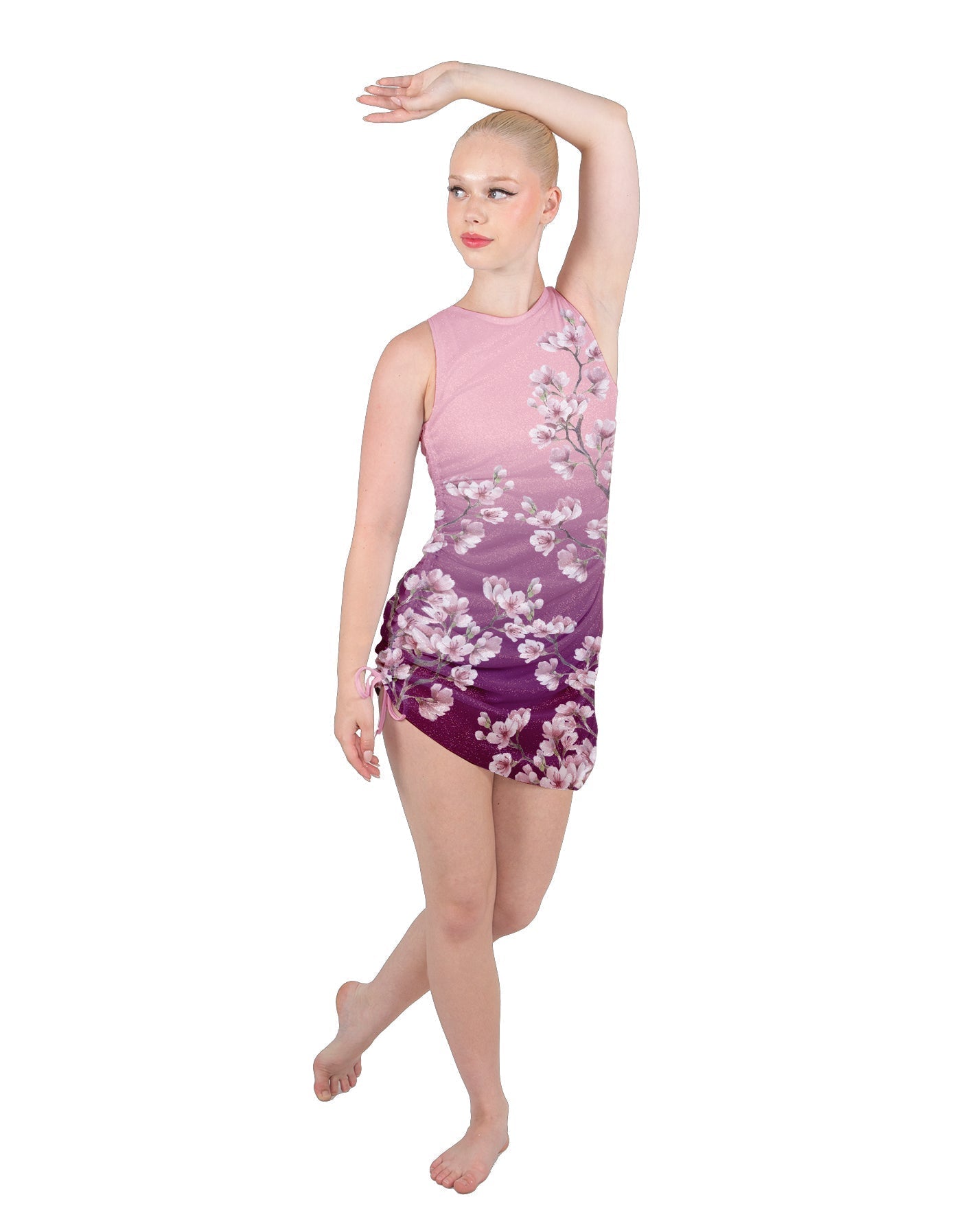 Cherry Blossom Sleeveless Chiffon Rouched Dress With Leotard