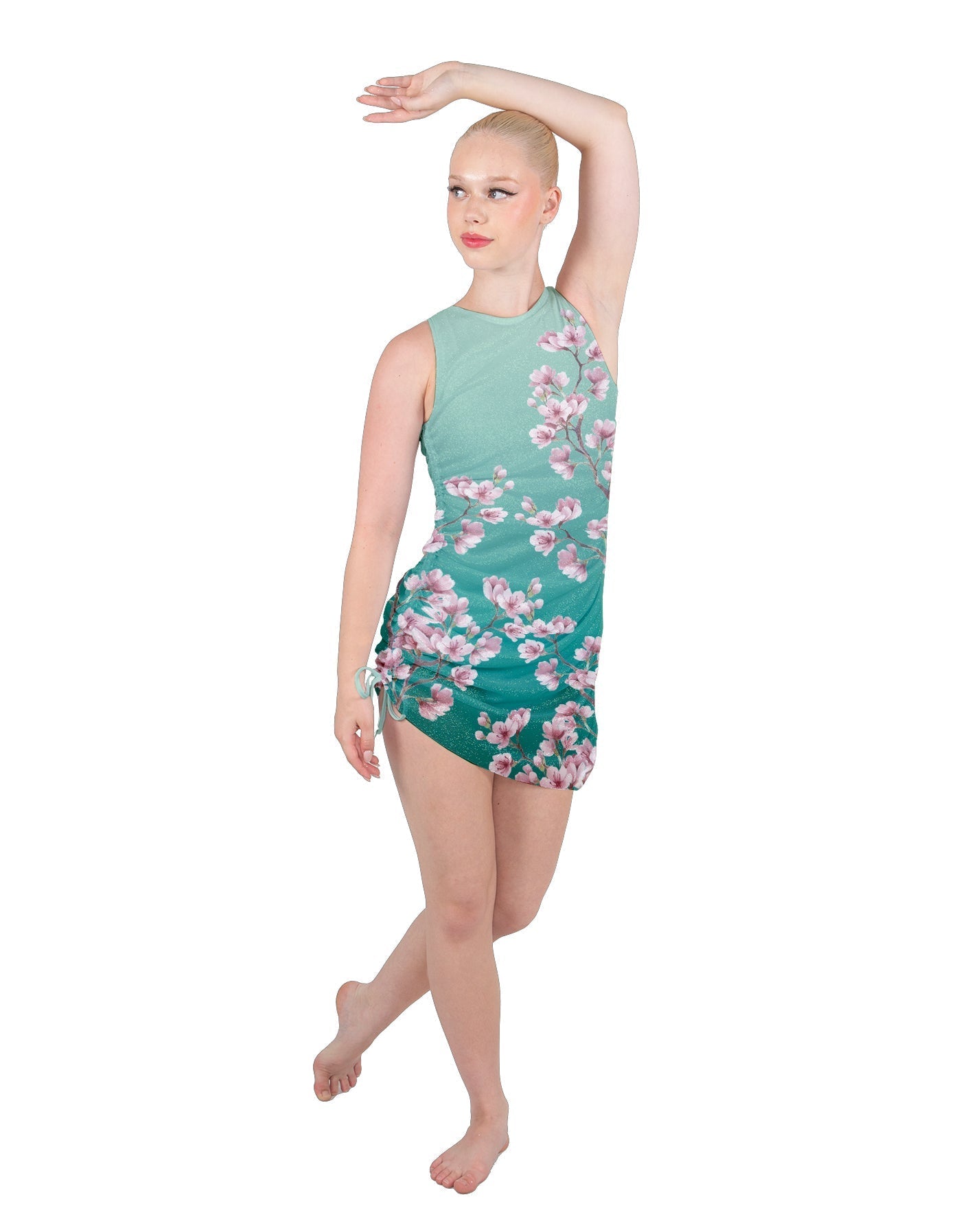 Cherry Blossom Sleeveless Chiffon Rouched Dress With Leotard