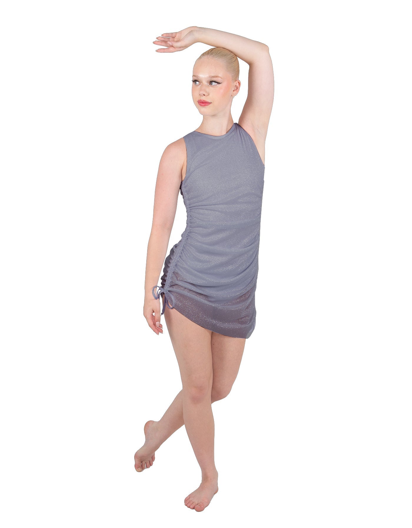 Solid Glitter Chiffon Sleeveless Rouched Dress With Leotard