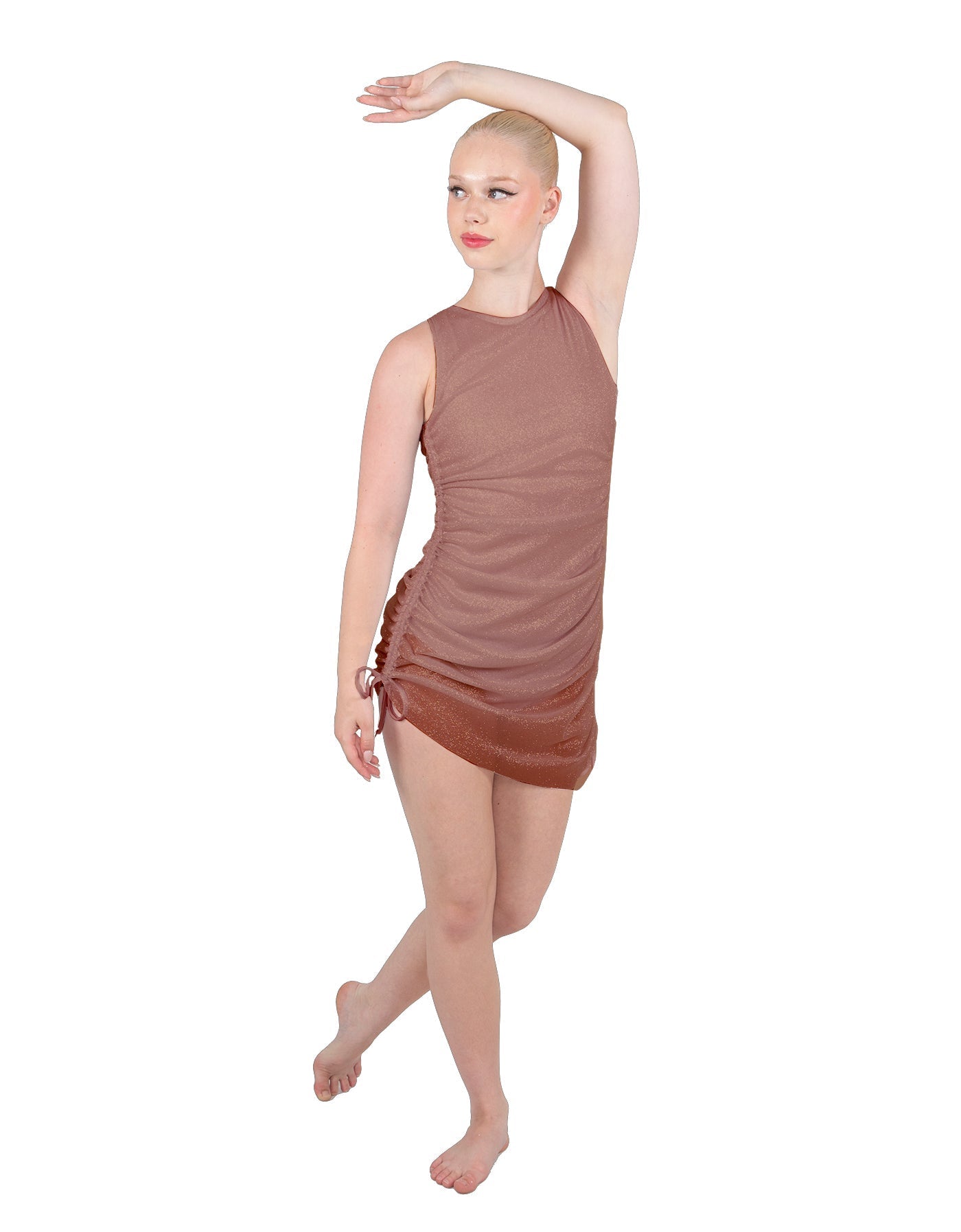 Solid Glitter Chiffon Sleeveless Rouched Dress With Leotard