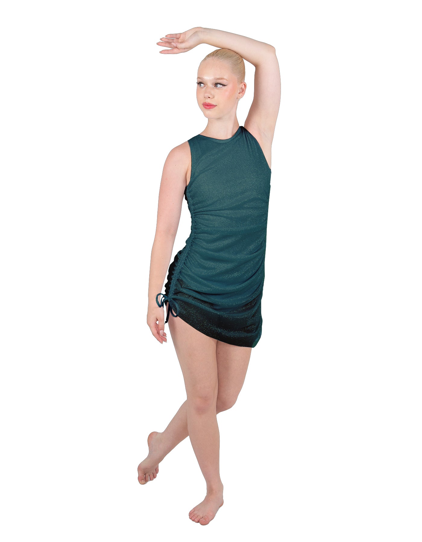 Solid Glitter Chiffon Sleeveless Rouched Dress With Leotard