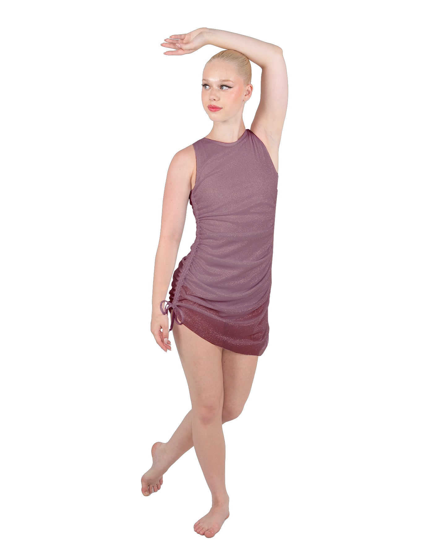 Solid Glitter Chiffon Sleeveless Rouched Dress With Leotard