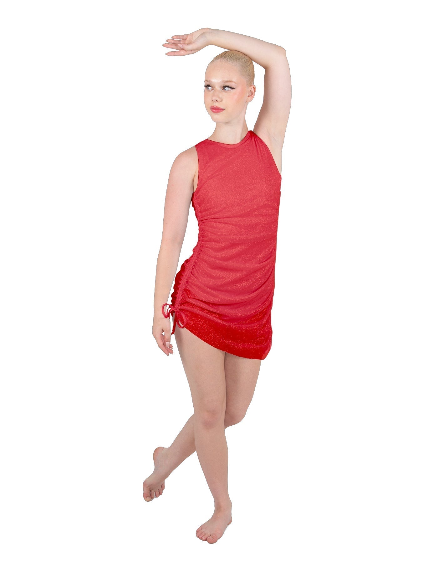 Solid Glitter Chiffon Sleeveless Rouched Dress With Leotard