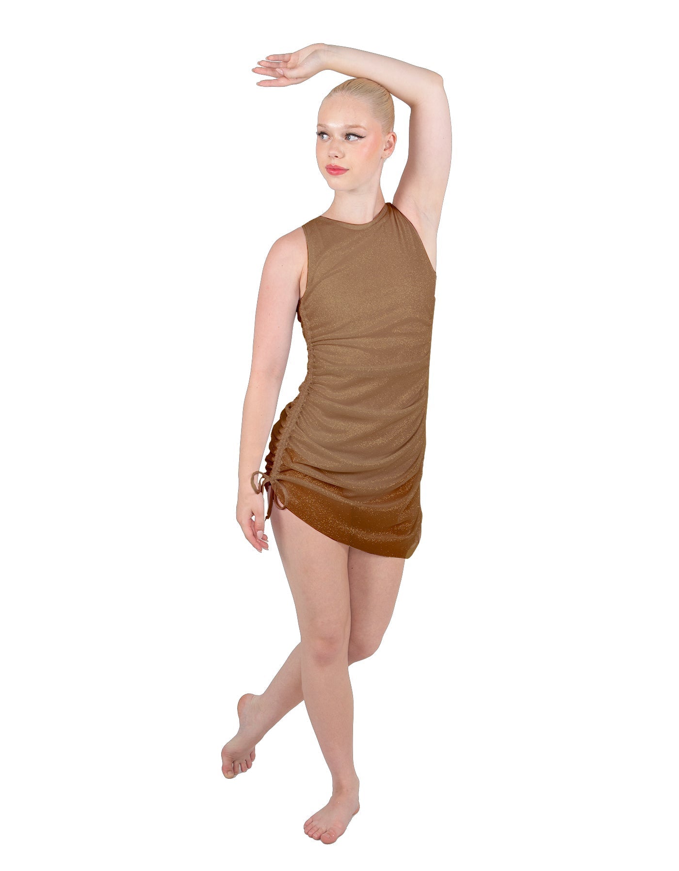 Solid Glitter Chiffon Sleeveless Rouched Dress With Leotard