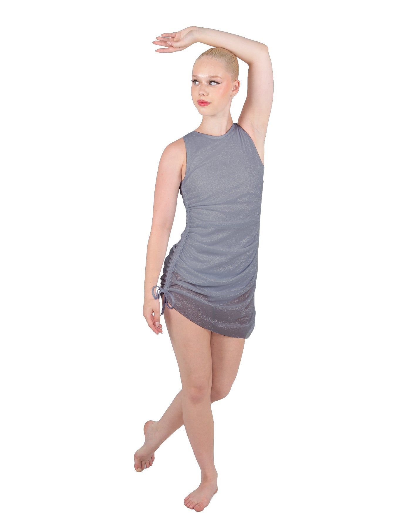 Solid Glitter Chiffon Sleeveless Rouched Dress With Leotard