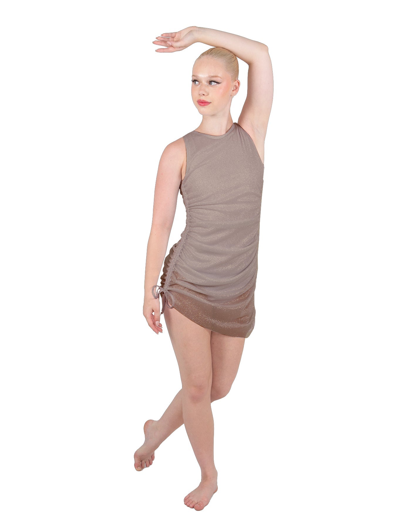 Solid Glitter Chiffon Sleeveless Rouched Dress With Leotard