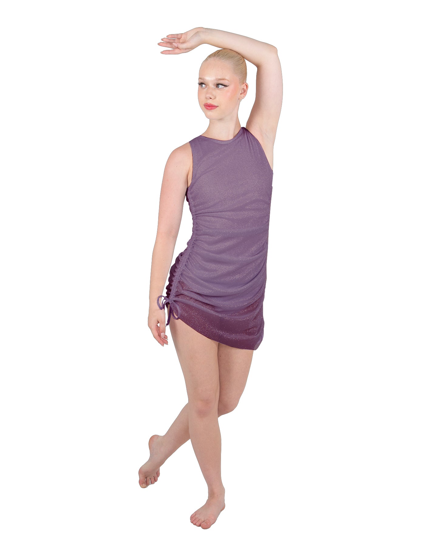 Solid Glitter Chiffon Sleeveless Rouched Dress With Leotard