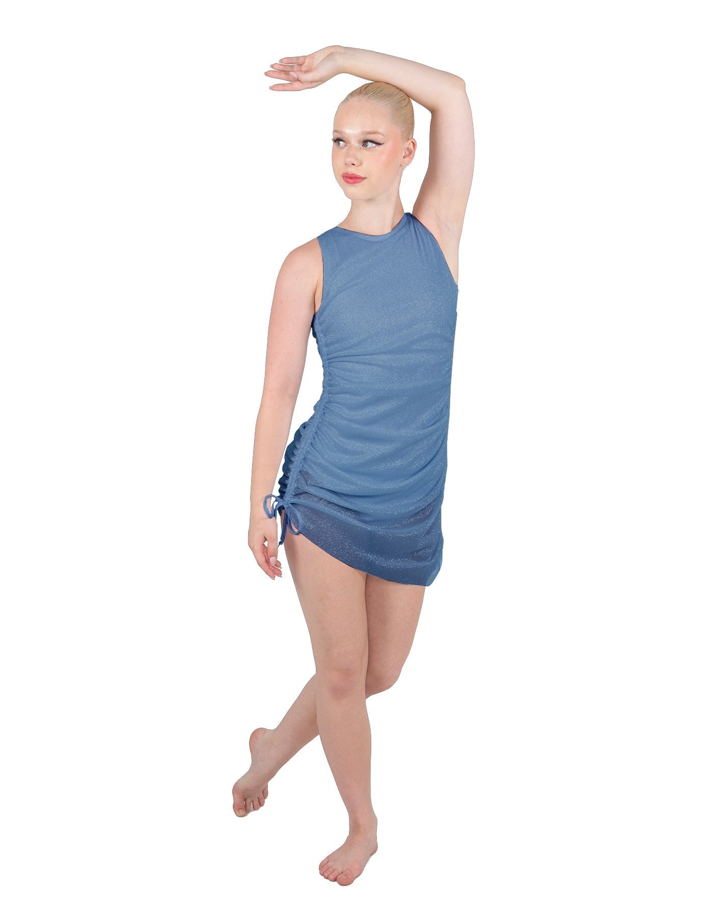 Solid Glitter Chiffon Sleeveless Rouched Dress With Leotard