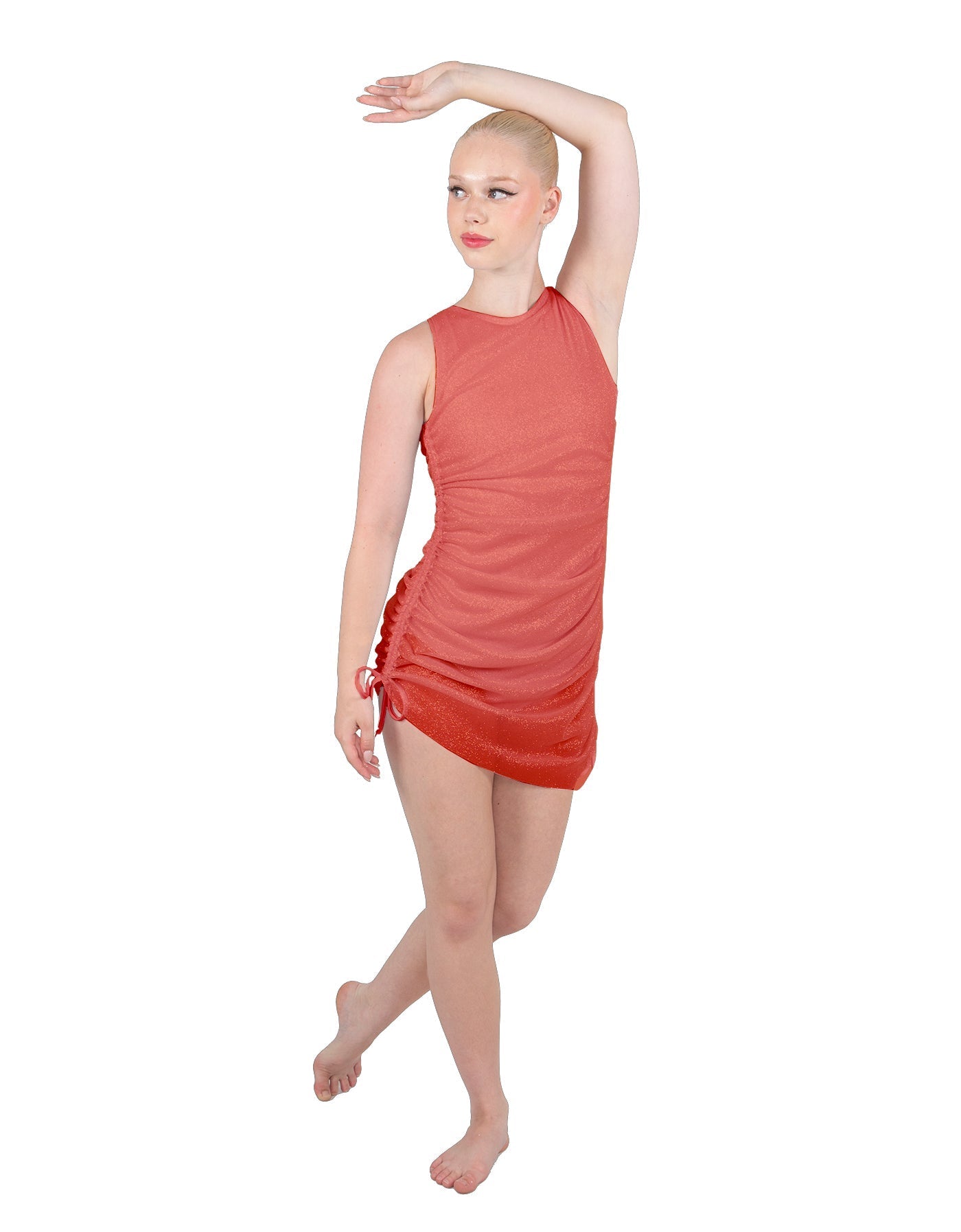Solid Glitter Chiffon Sleeveless Rouched Dress With Leotard