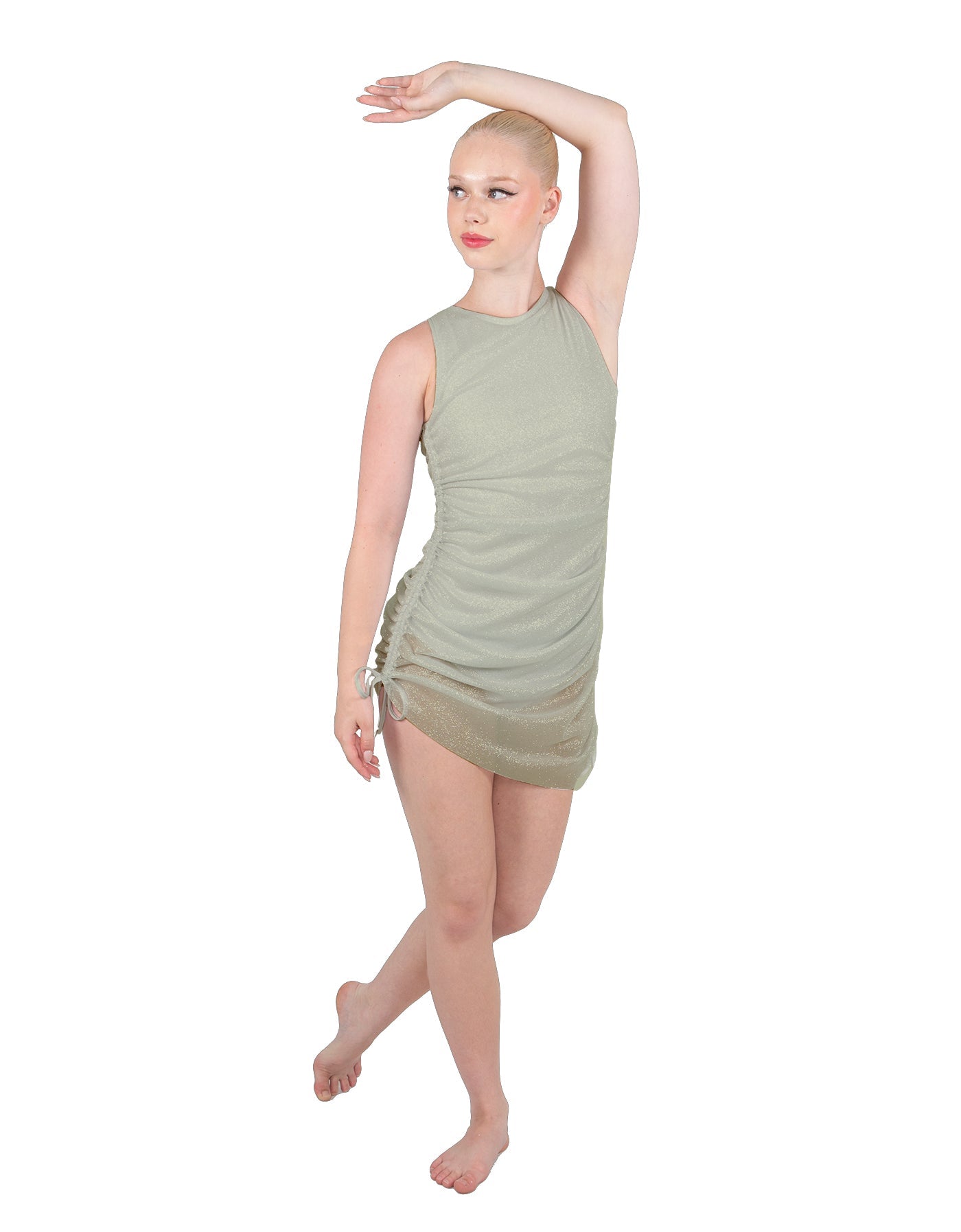 Solid Glitter Chiffon Sleeveless Rouched Dress With Leotard