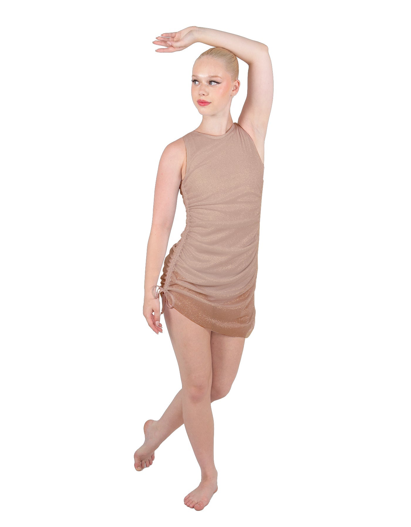 Solid Glitter Chiffon Sleeveless Rouched Dress With Leotard