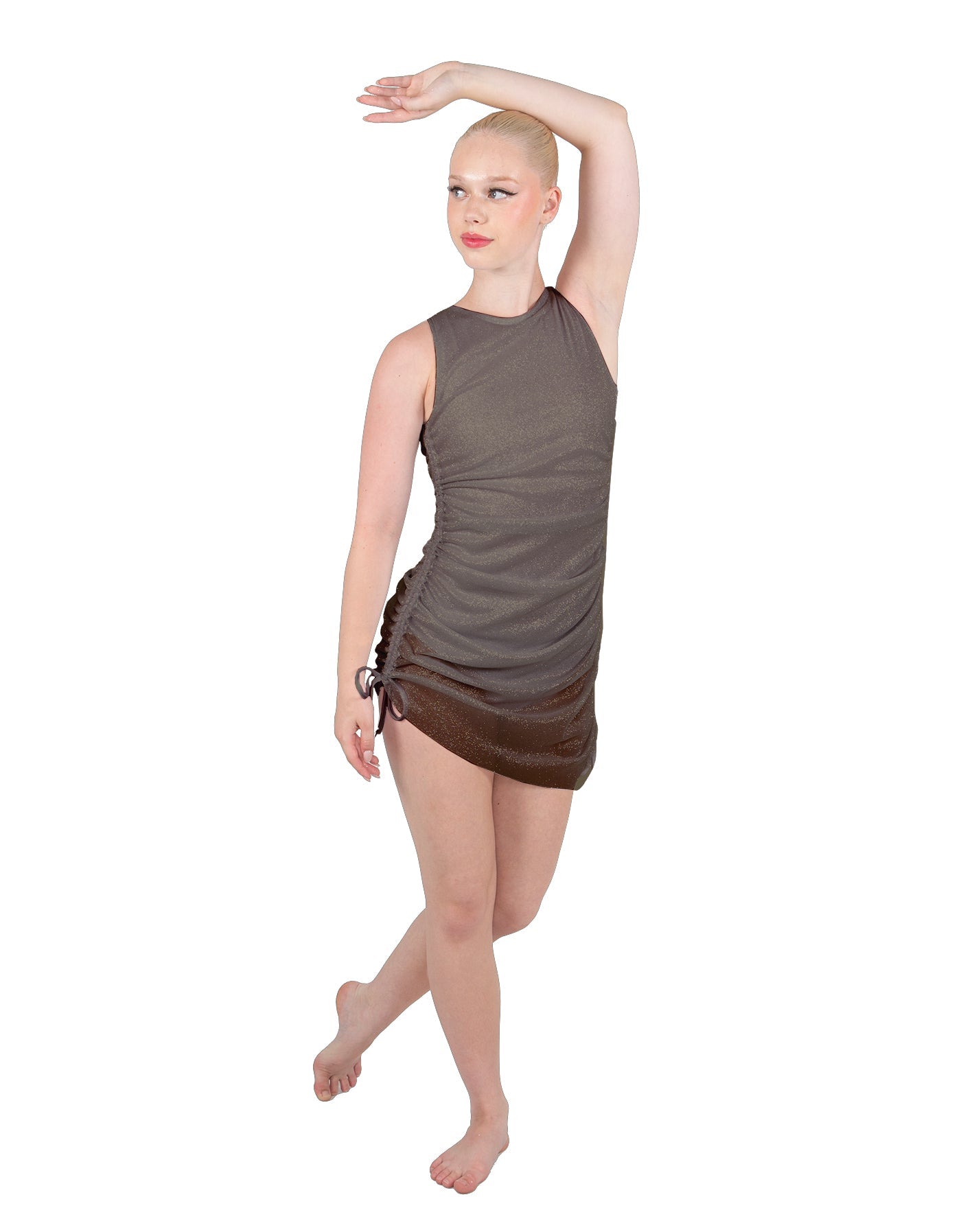 Solid Glitter Chiffon Sleeveless Rouched Dress With Leotard