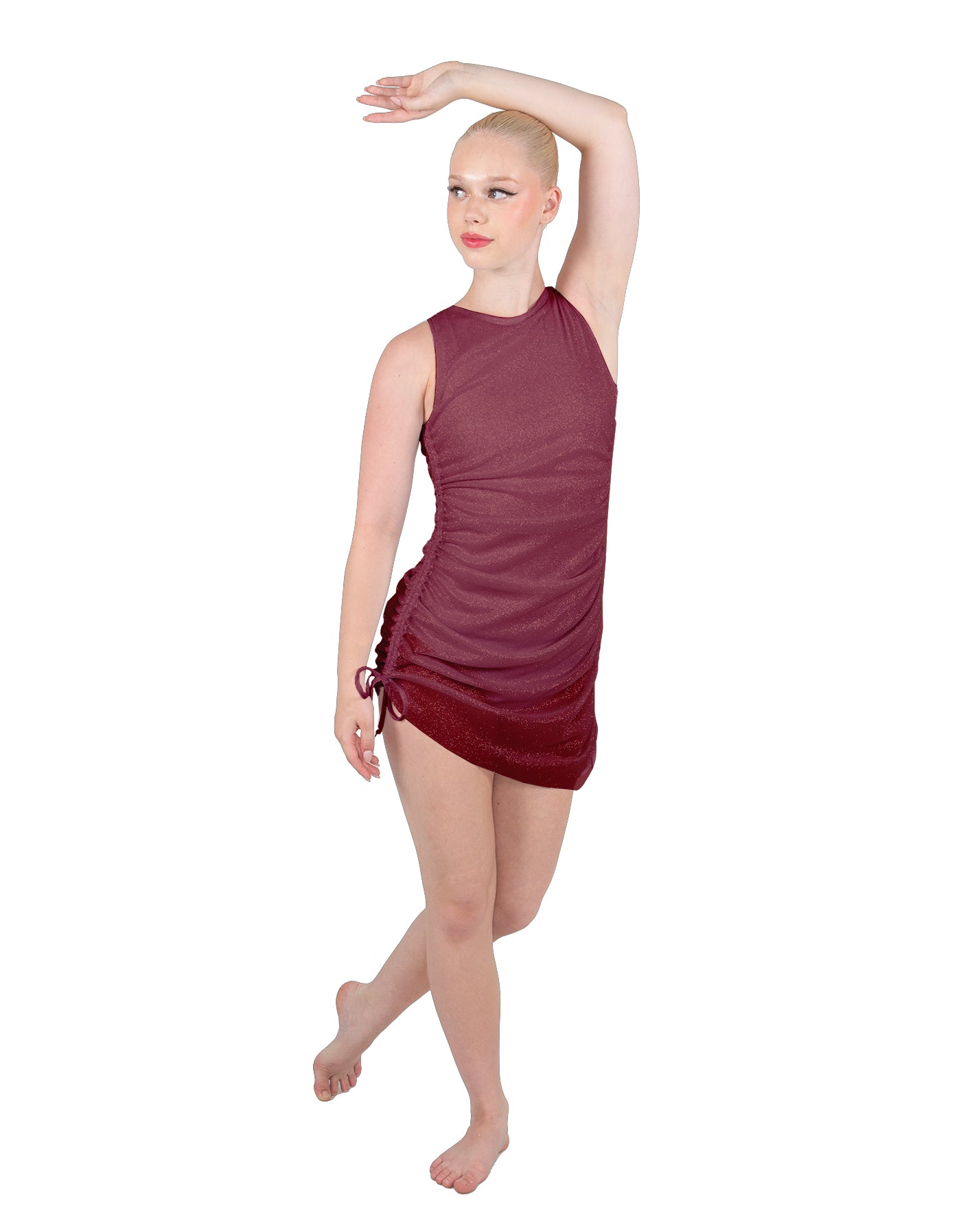 Solid Glitter Chiffon Sleeveless Rouched Dress With Leotard