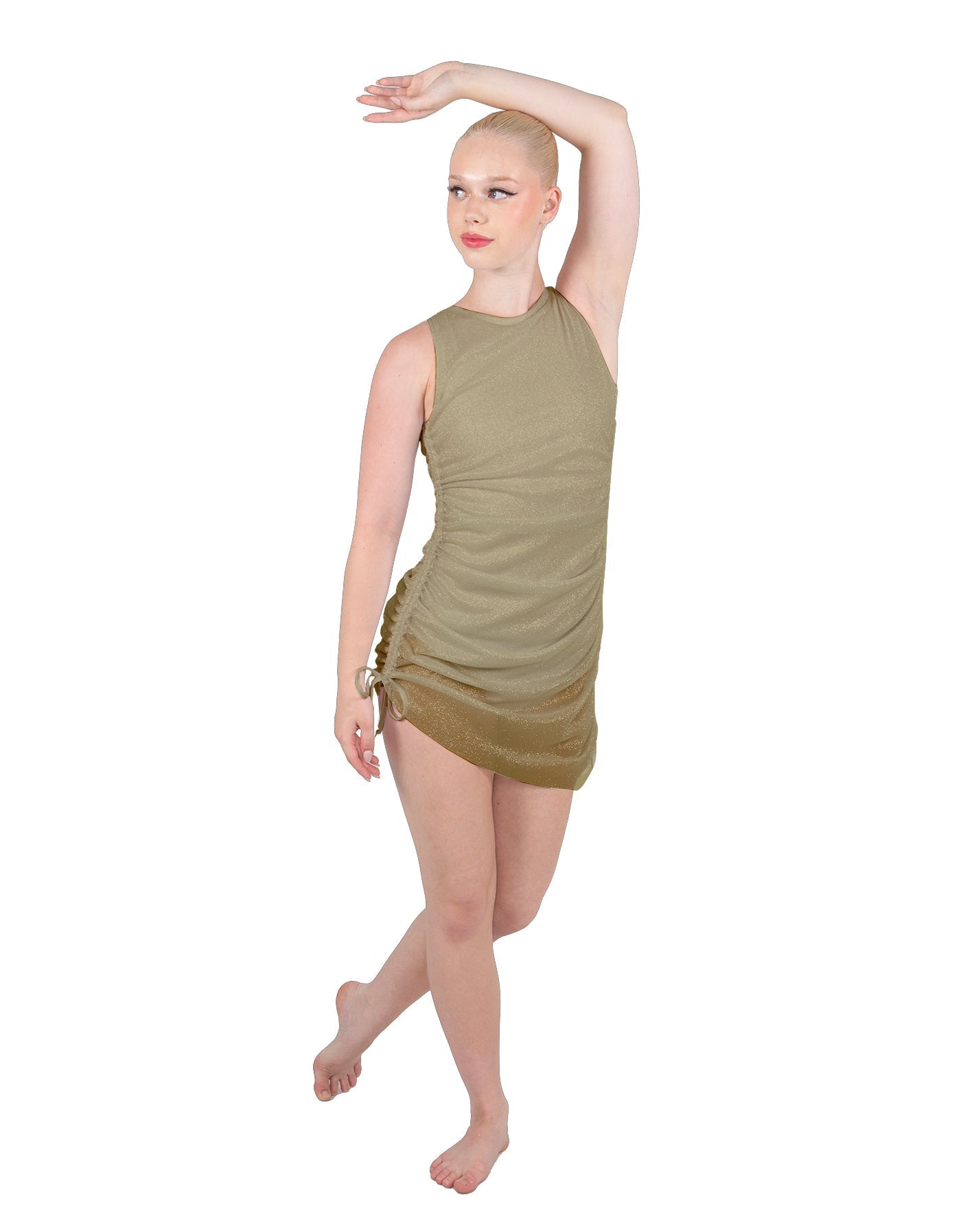 Solid Glitter Chiffon Sleeveless Rouched Dress With Leotard