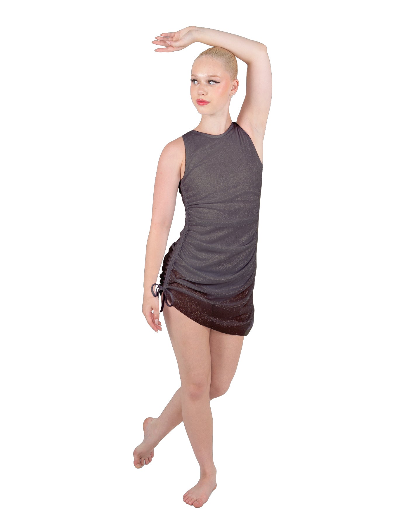 Solid Glitter Chiffon Sleeveless Rouched Dress With Leotard