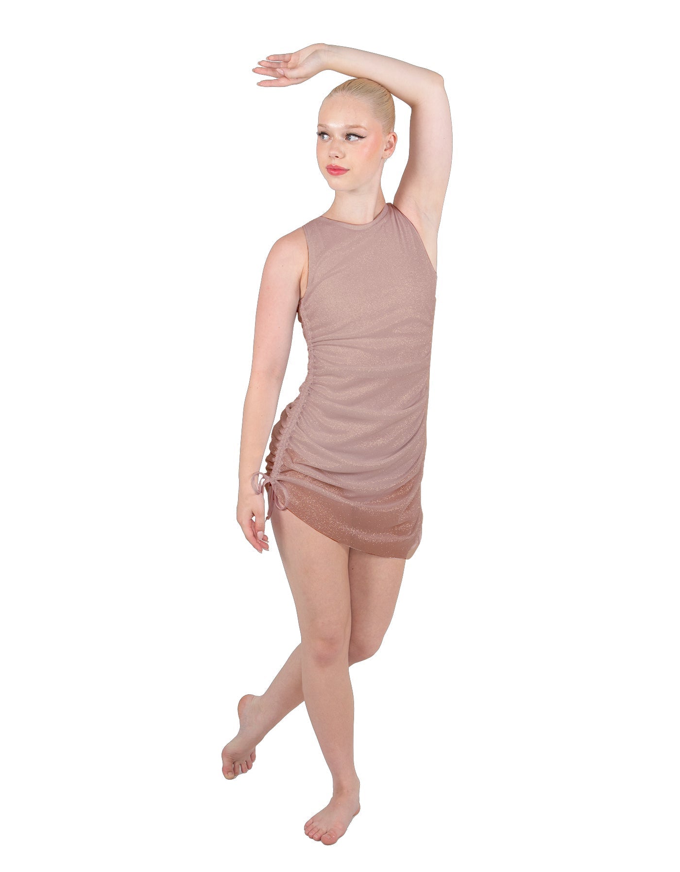 Solid Glitter Chiffon Sleeveless Rouched Dress With Leotard