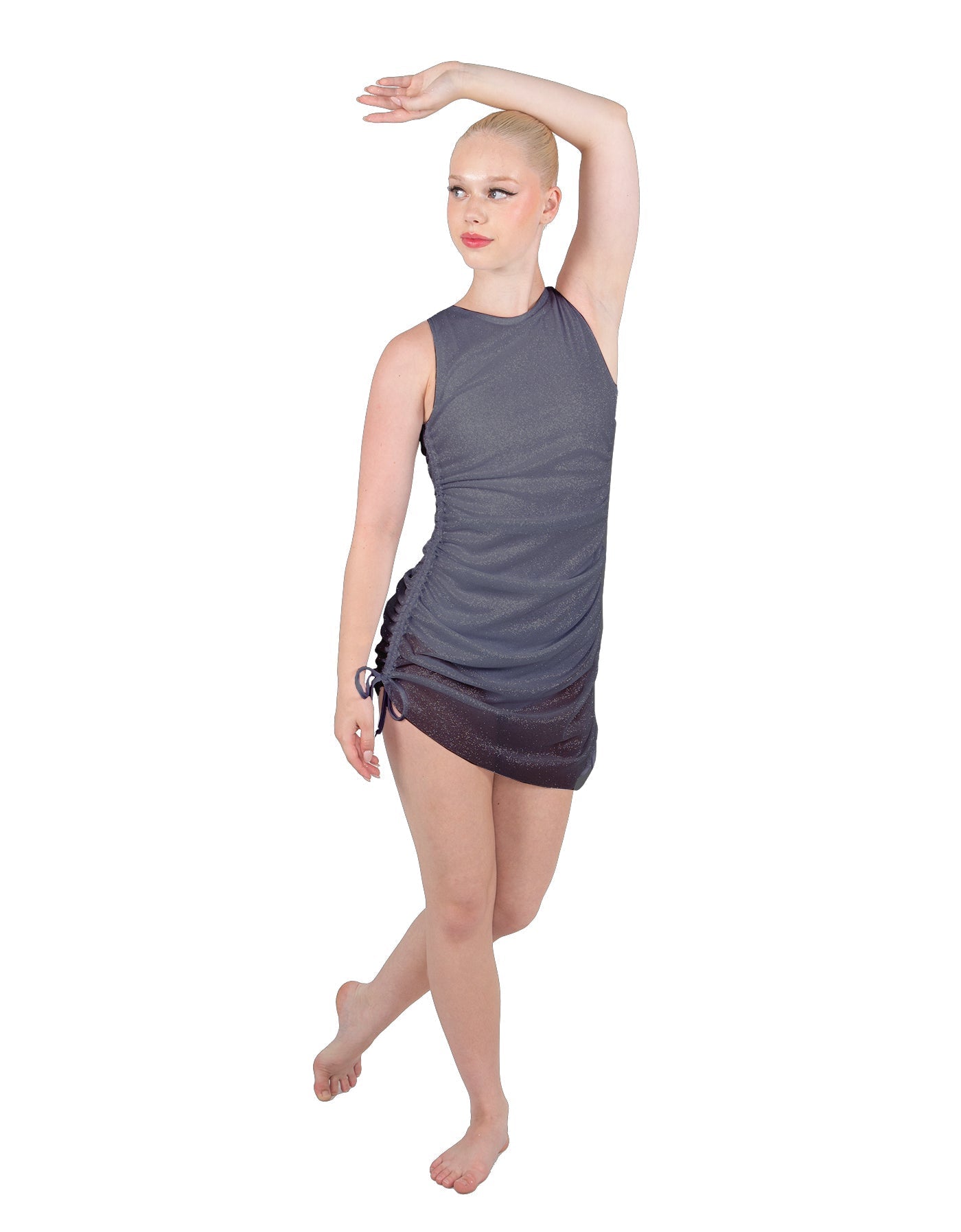 Solid Glitter Chiffon Sleeveless Rouched Dress With Leotard