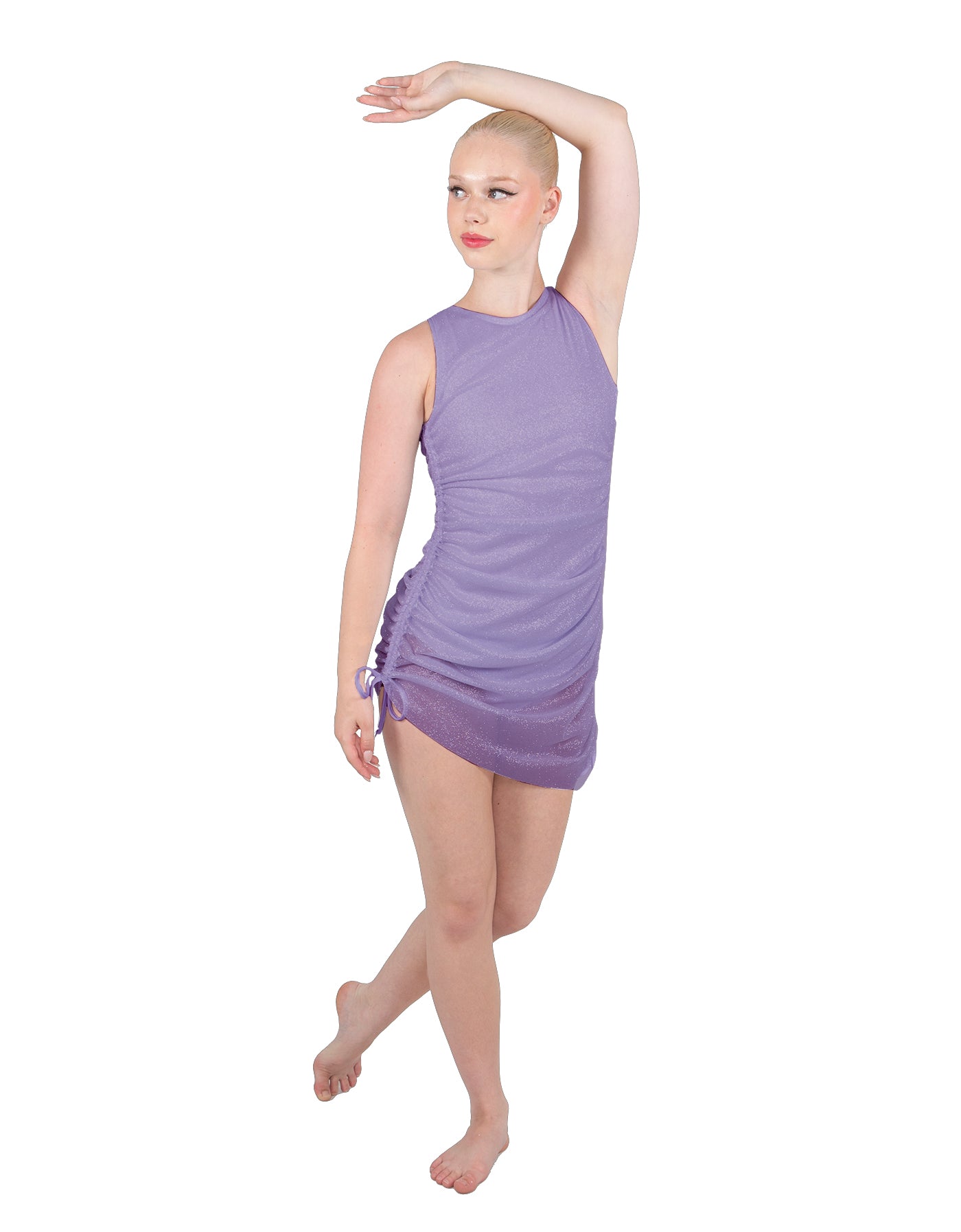 Solid Glitter Chiffon Sleeveless Rouched Dress With Leotard
