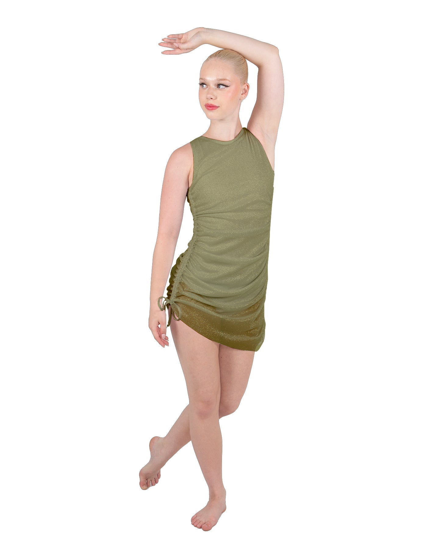 Solid Glitter Chiffon Sleeveless Rouched Dress With Leotard