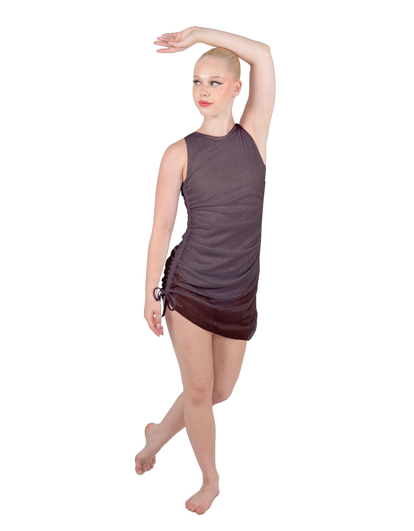 Solid Glitter Chiffon Sleeveless Rouched Dress With Leotard