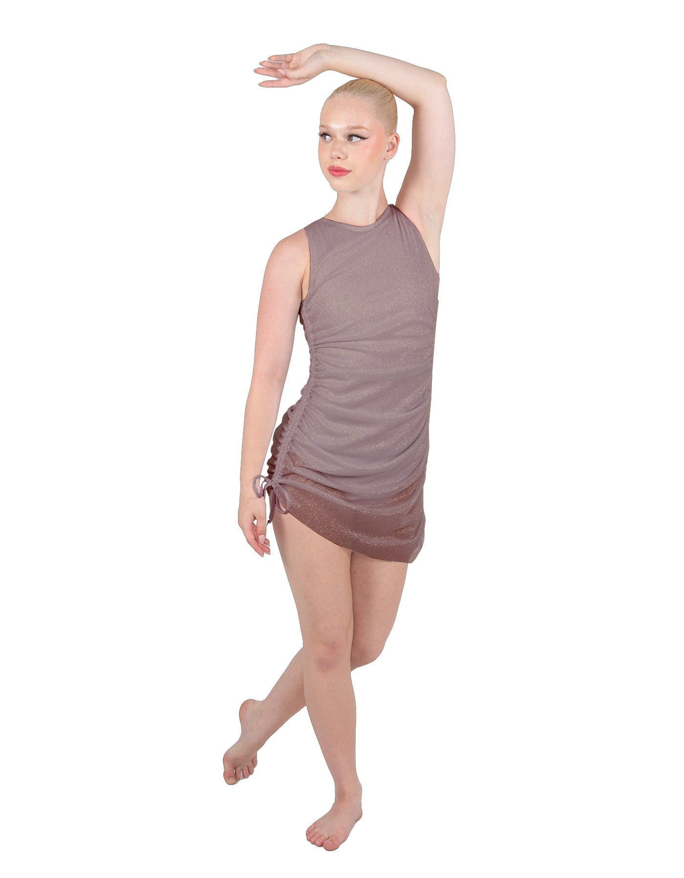 Solid Glitter Chiffon Sleeveless Rouched Dress With Leotard