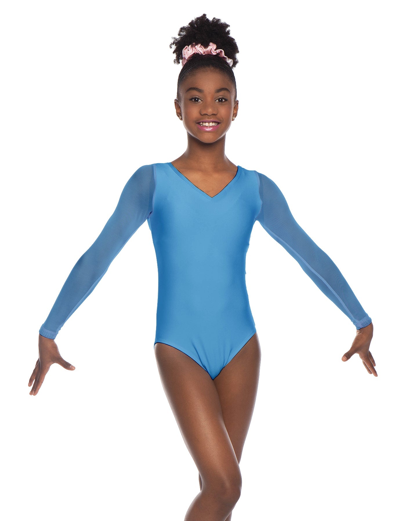 Solid Lycra Mesh LS V Neck Leotard Gymnastics