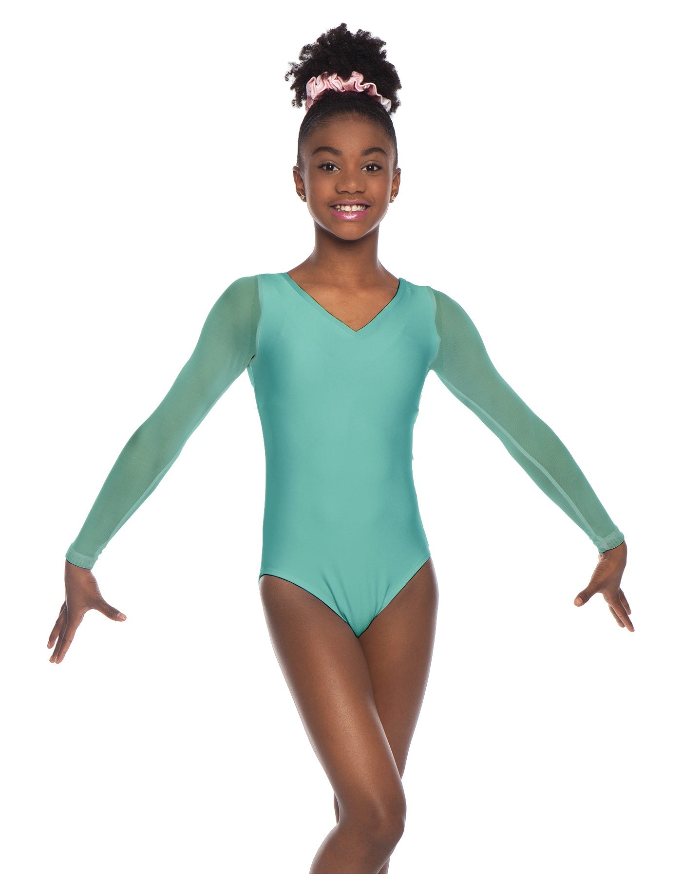 Solid Lycra Mesh LS V Neck Leotard Gymnastics
