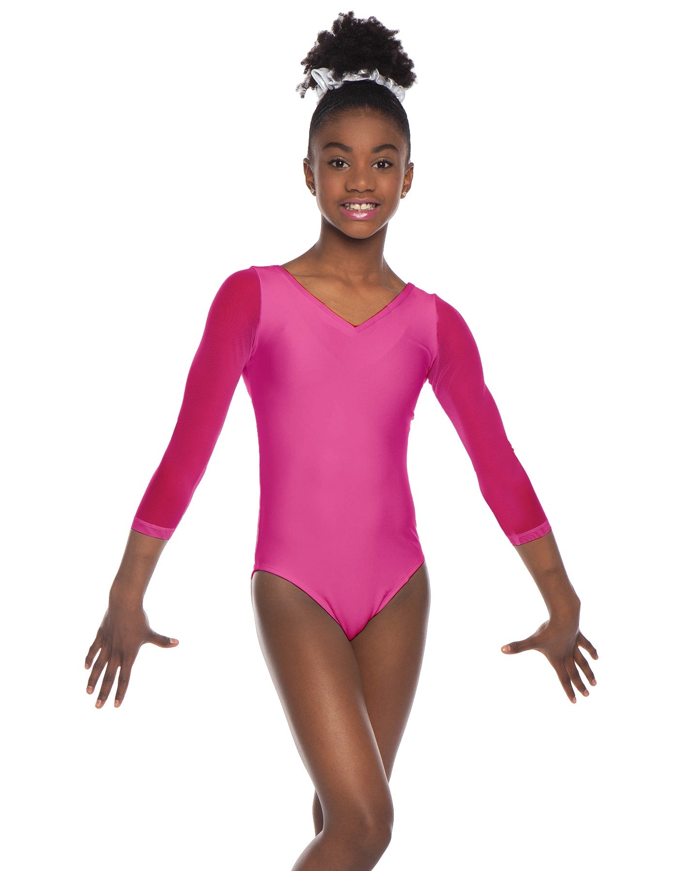 Solid Lycra Mesh 3/4 Sleeve V-Neck Leotard Gymnastics