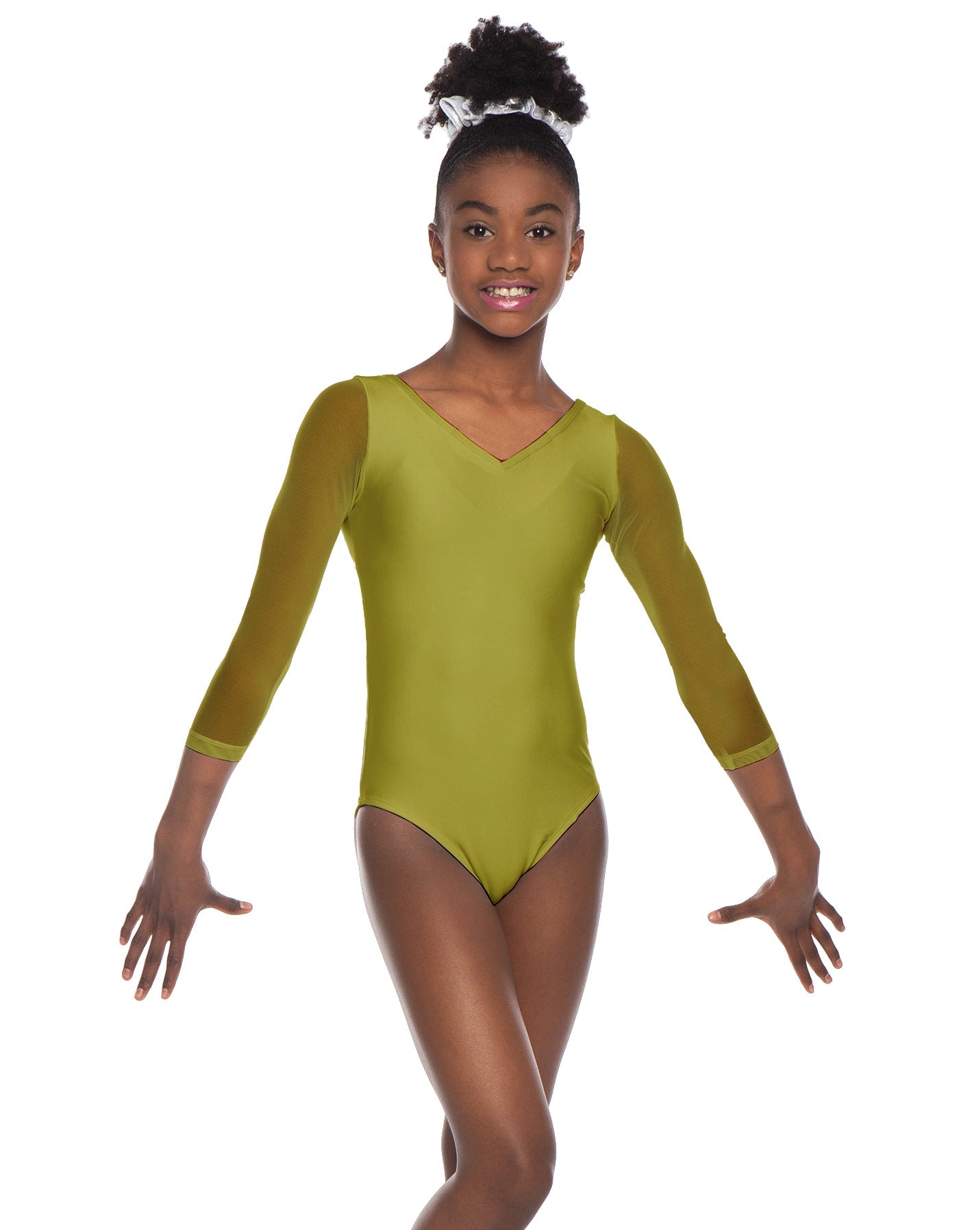 Solid Lycra Mesh 3/4 Sleeve V-Neck Leotard Gymnastics