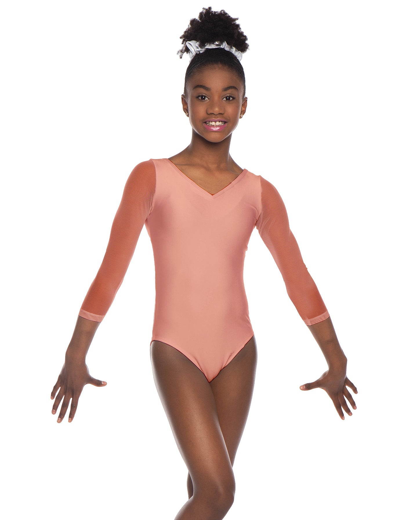 Solid Lycra Mesh 3/4 Sleeve V-Neck Leotard Gymnastics