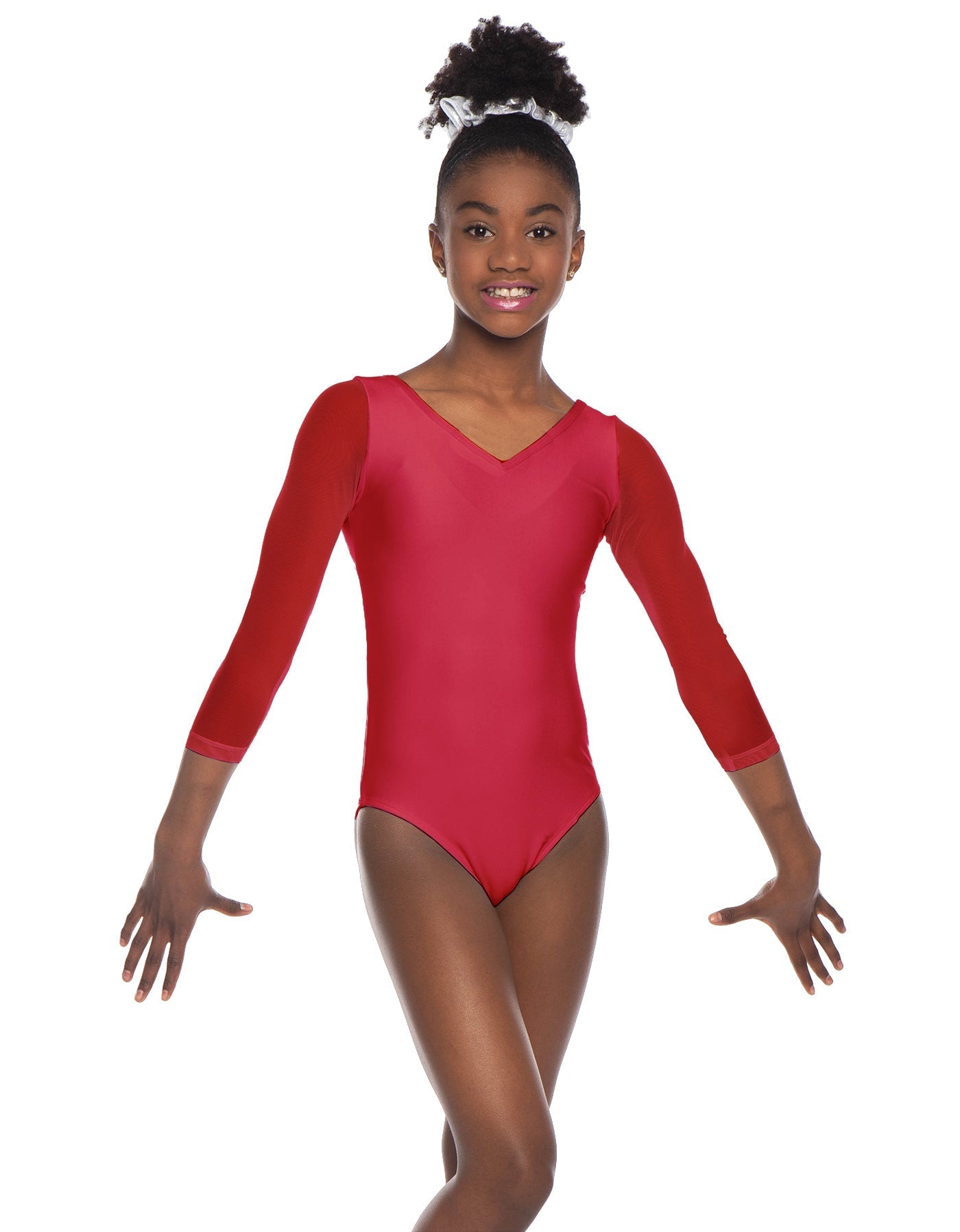 Solid Lycra Mesh 3/4 Sleeve V-Neck Leotard Gymnastics