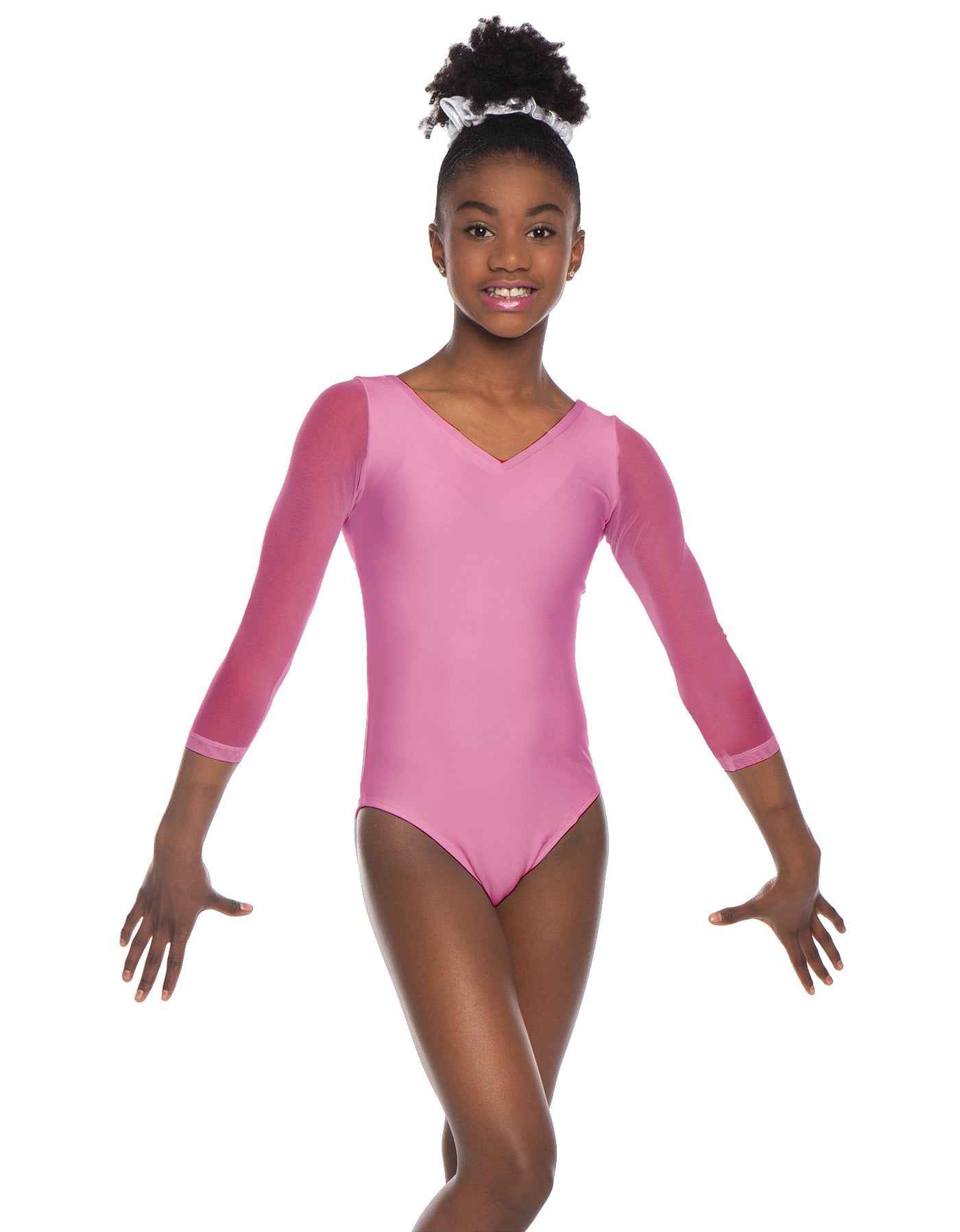 Solid Lycra Mesh 3/4 Sleeve V-Neck Leotard Gymnastics