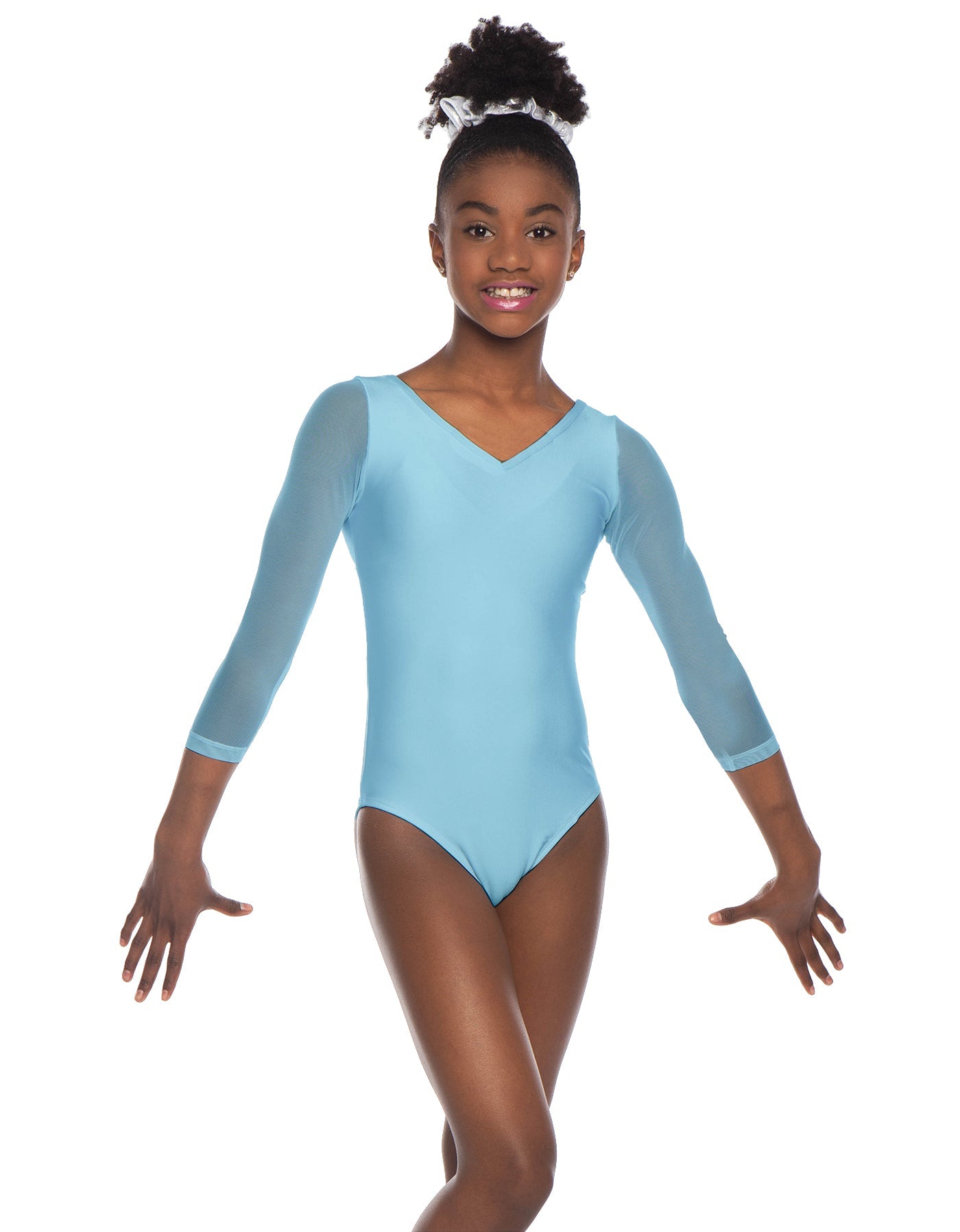 Solid Lycra Mesh 3/4 Sleeve V-Neck Leotard Gymnastics