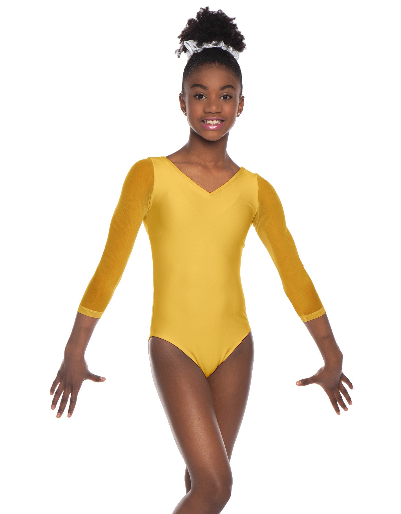 Solid Lycra Mesh 3/4 Sleeve V-Neck Leotard Gymnastics
