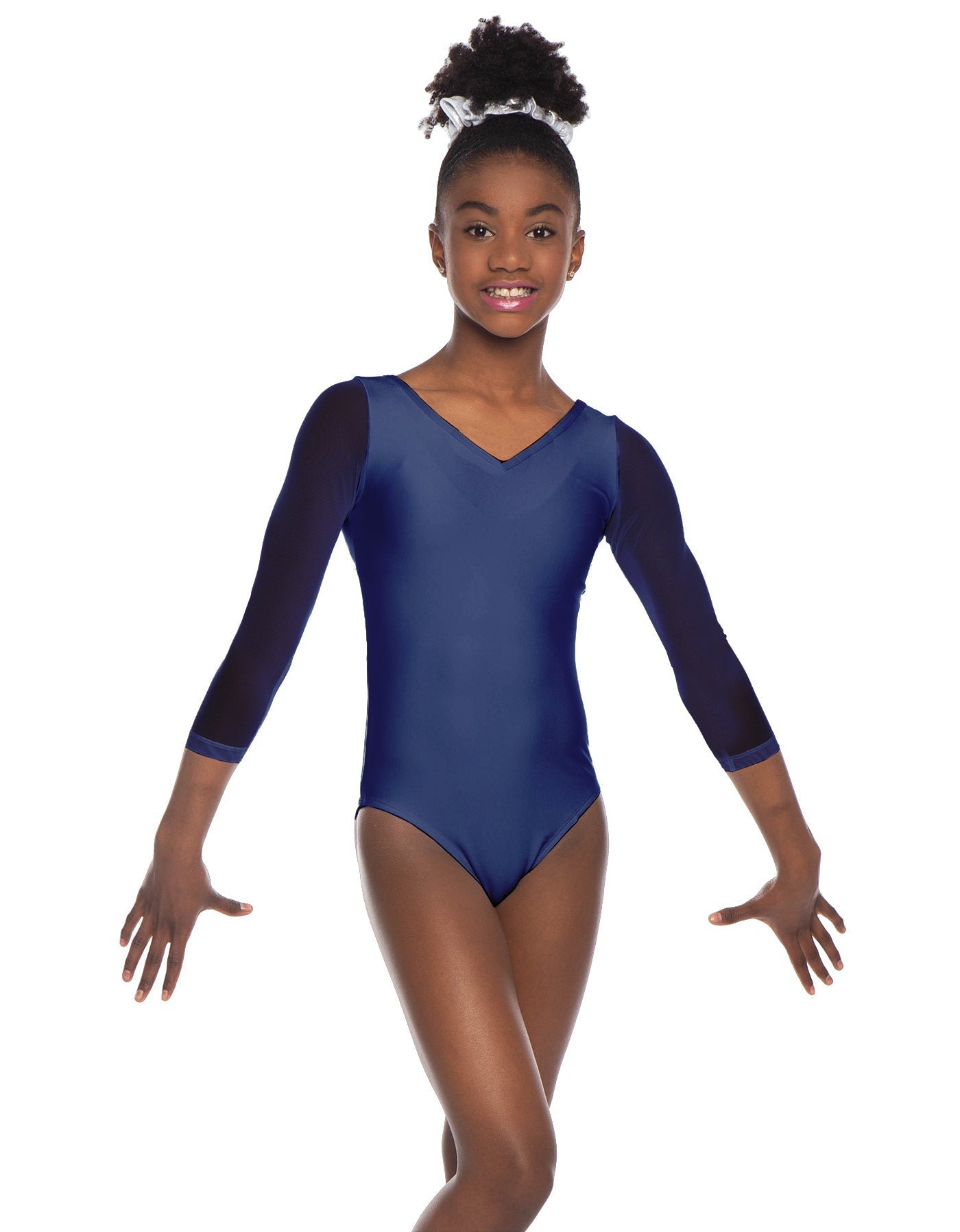 Solid Lycra Mesh 3/4 Sleeve V-Neck Leotard Gymnastics