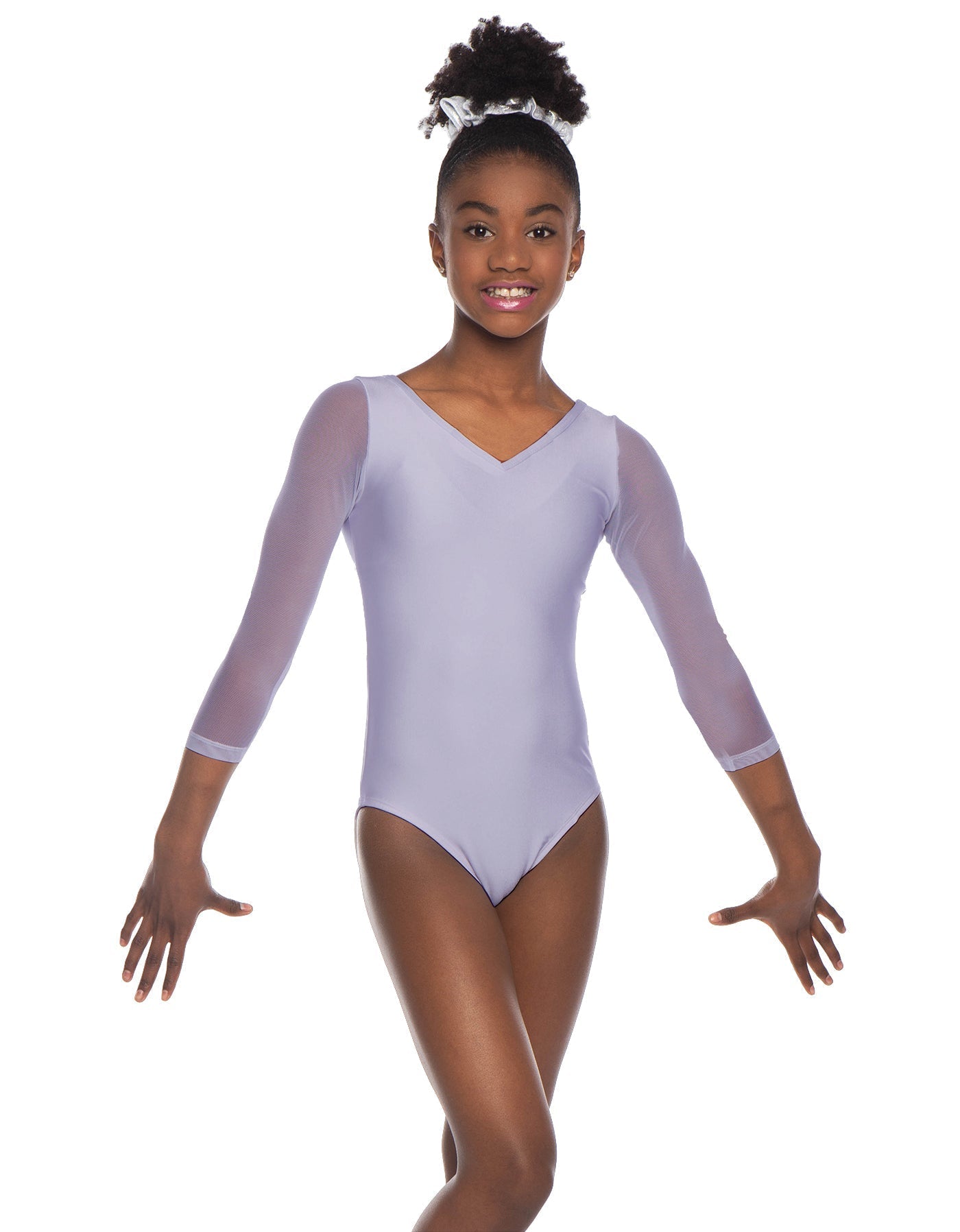 Solid Lycra Mesh 3/4 Sleeve V-Neck Leotard Gymnastics