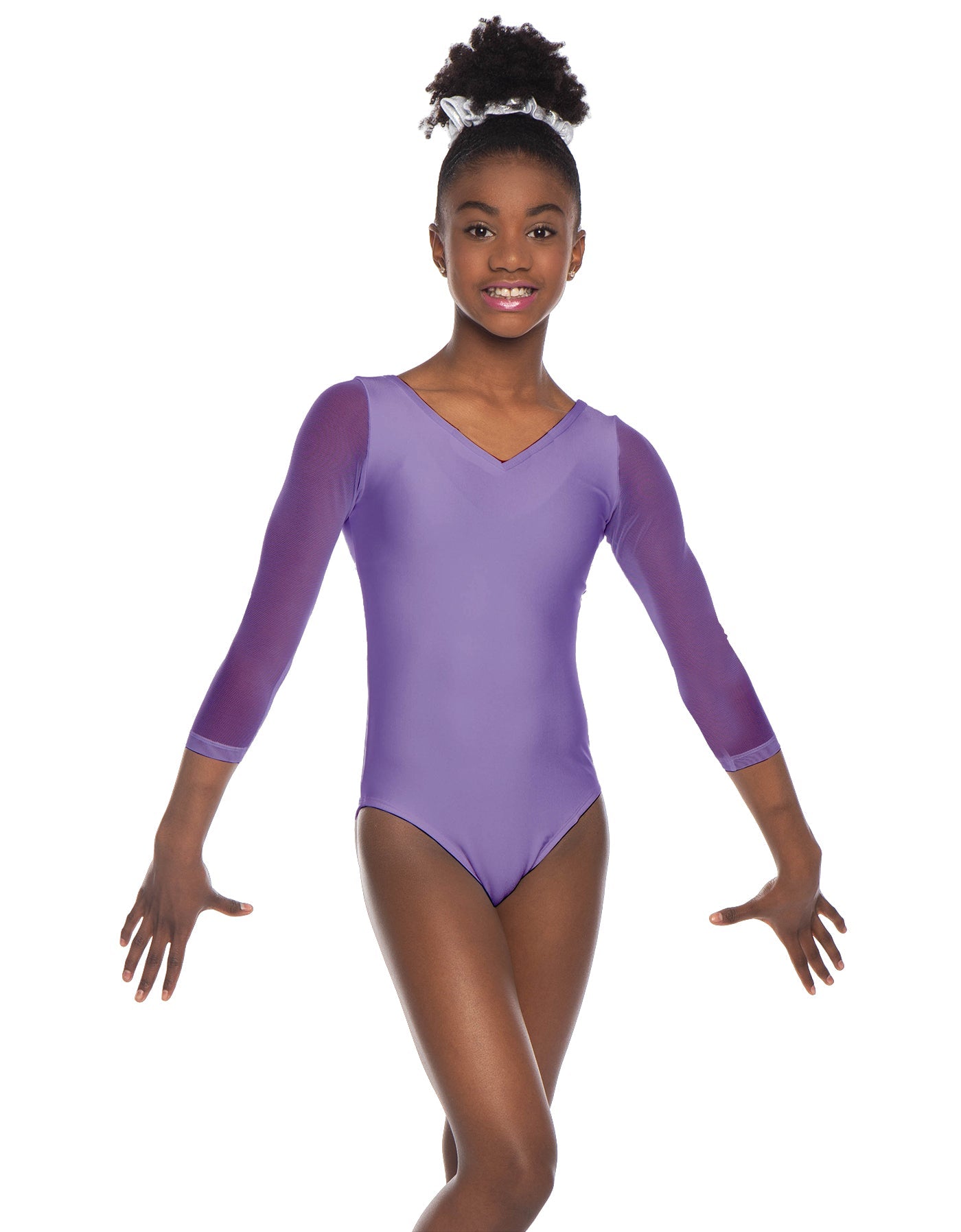 Solid Lycra Mesh 3/4 Sleeve V-Neck Leotard Gymnastics