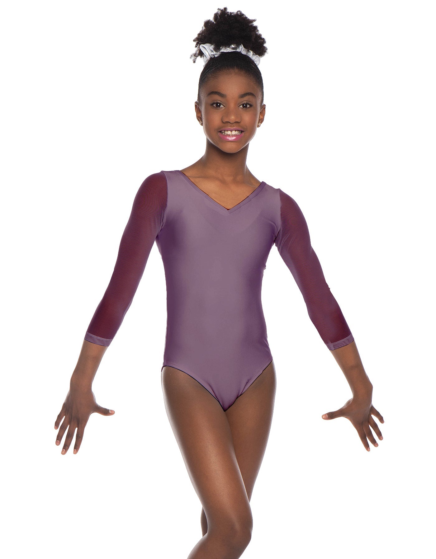 Solid Lycra Mesh 3/4 Sleeve V-Neck Leotard Gymnastics