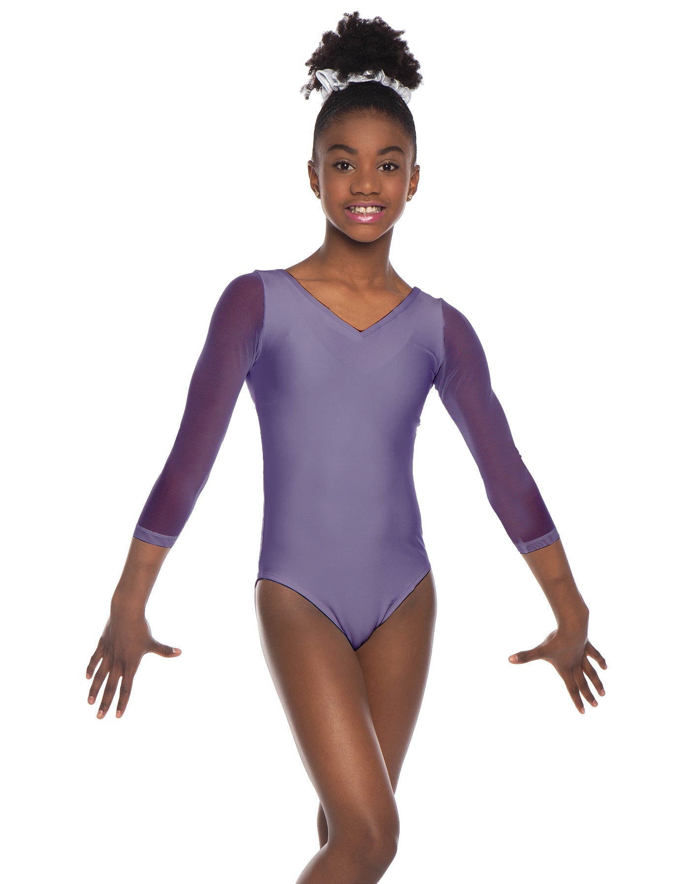Solid Lycra Mesh 3/4 Sleeve V-Neck Leotard Gymnastics