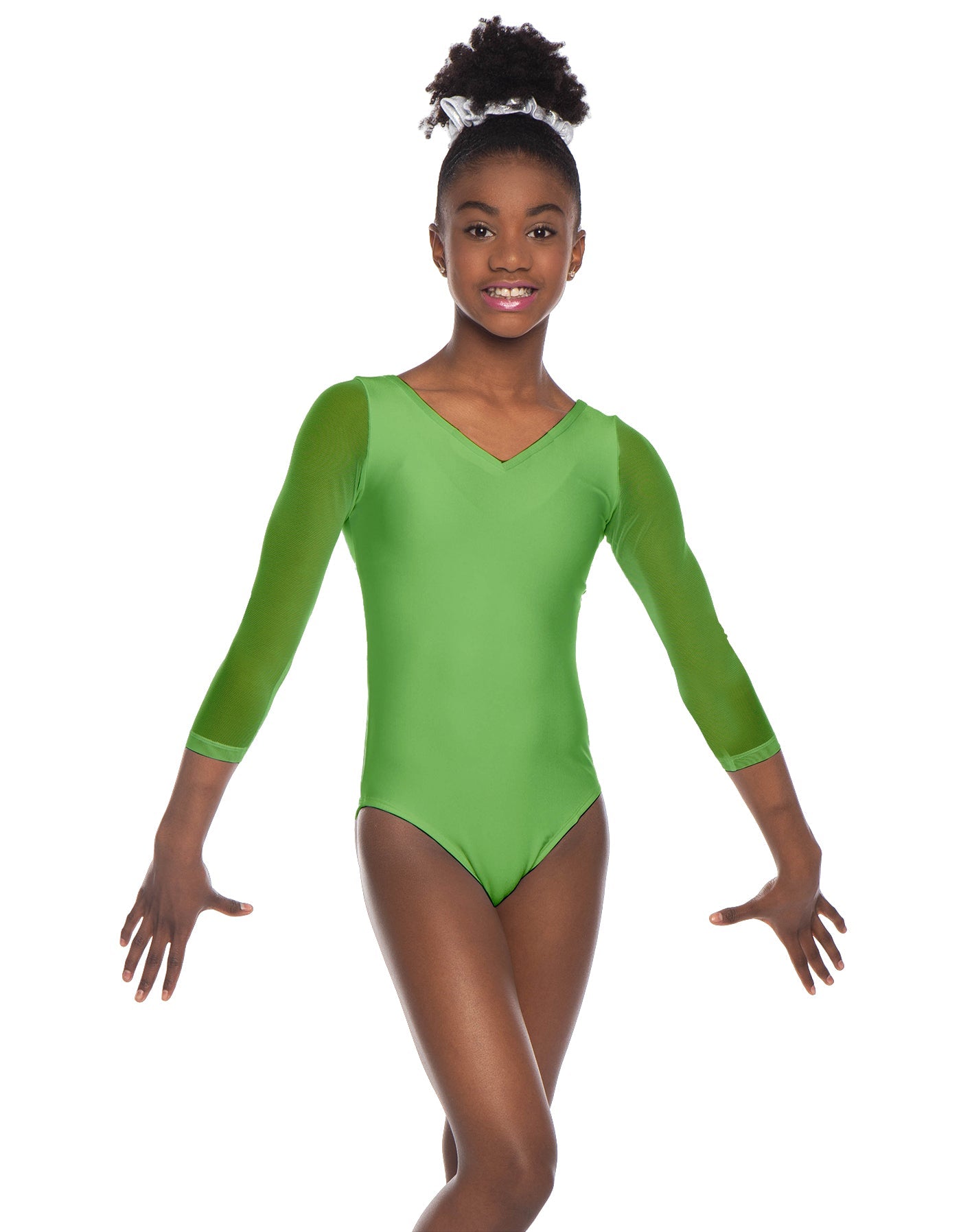 Solid Lycra Mesh 3/4 Sleeve V-Neck Leotard Gymnastics