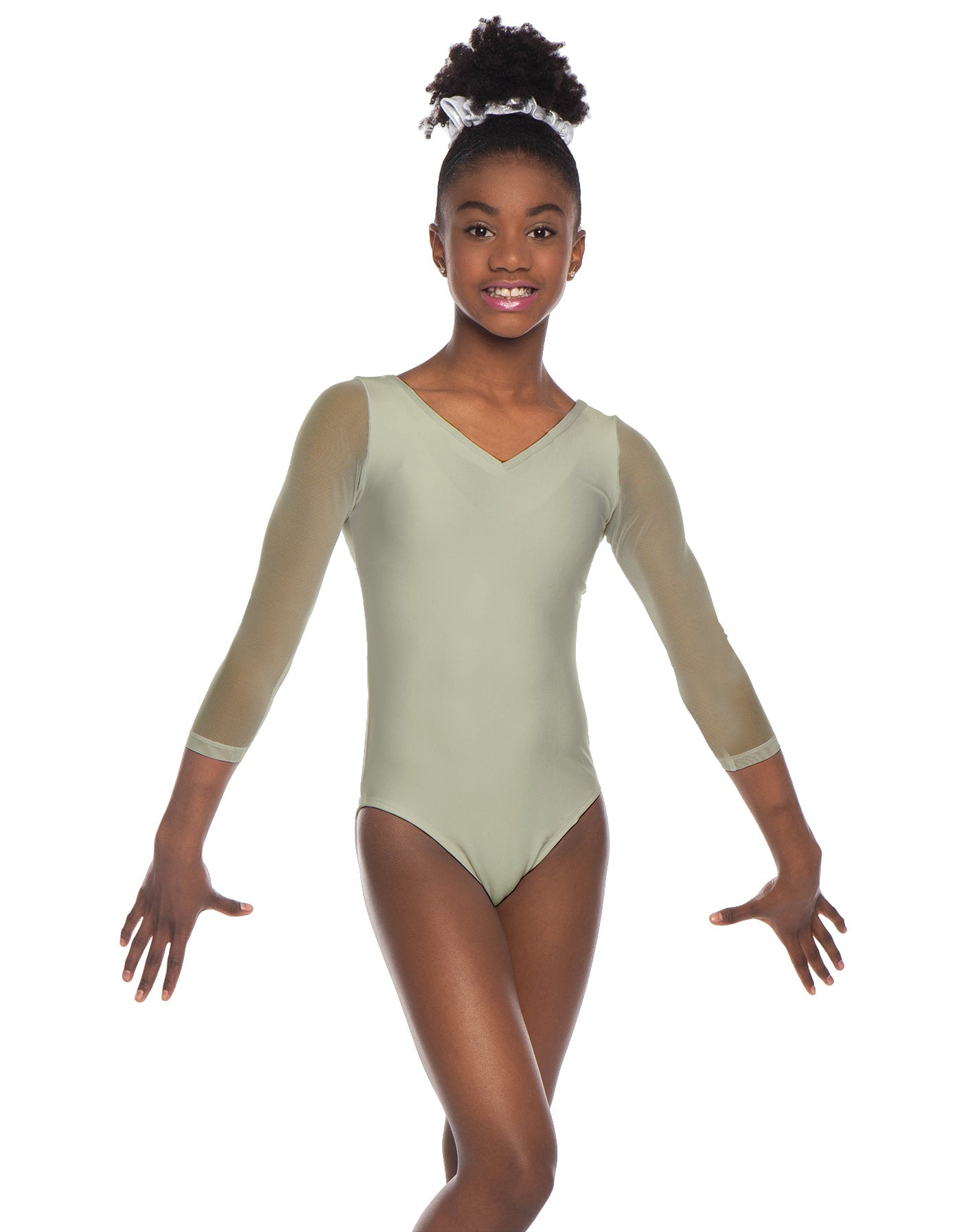 Solid Lycra Mesh 3/4 Sleeve V-Neck Leotard Gymnastics