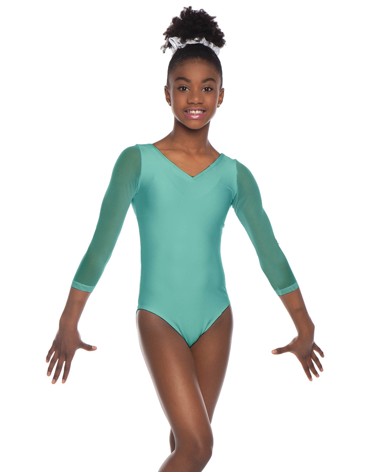 Solid Lycra Mesh 3/4 Sleeve V-Neck Leotard Gymnastics