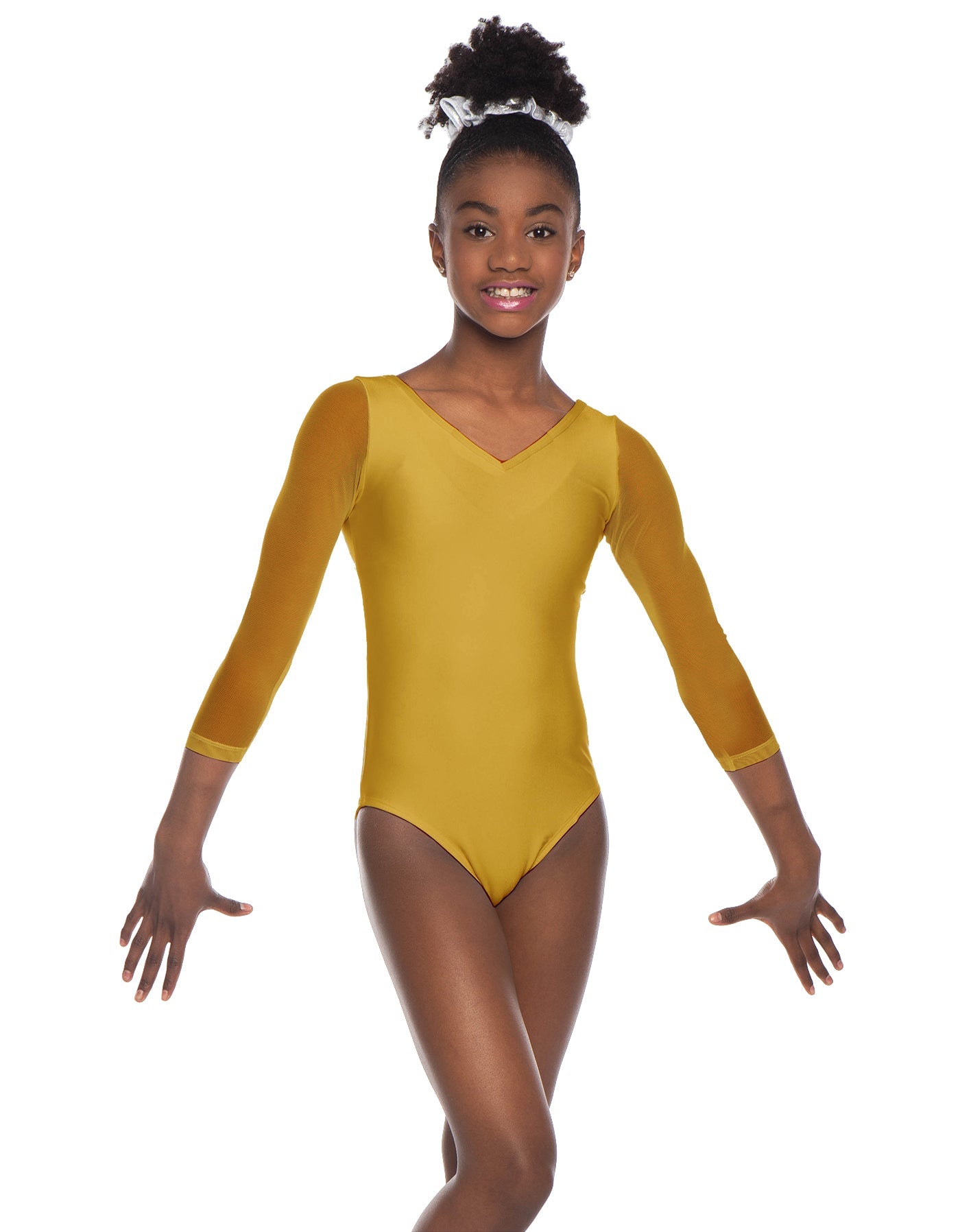 Solid Lycra Mesh 3/4 Sleeve V-Neck Leotard Gymnastics