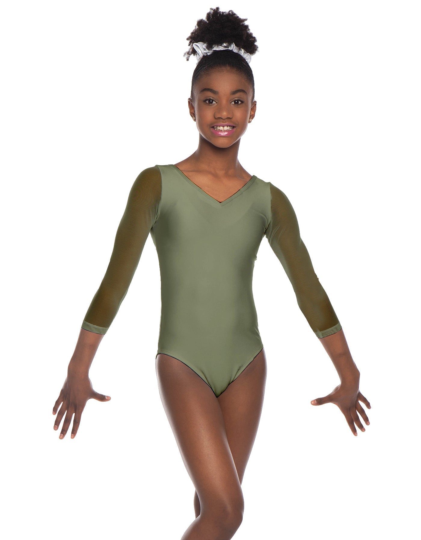 Solid Lycra Mesh 3/4 Sleeve V-Neck Leotard Gymnastics