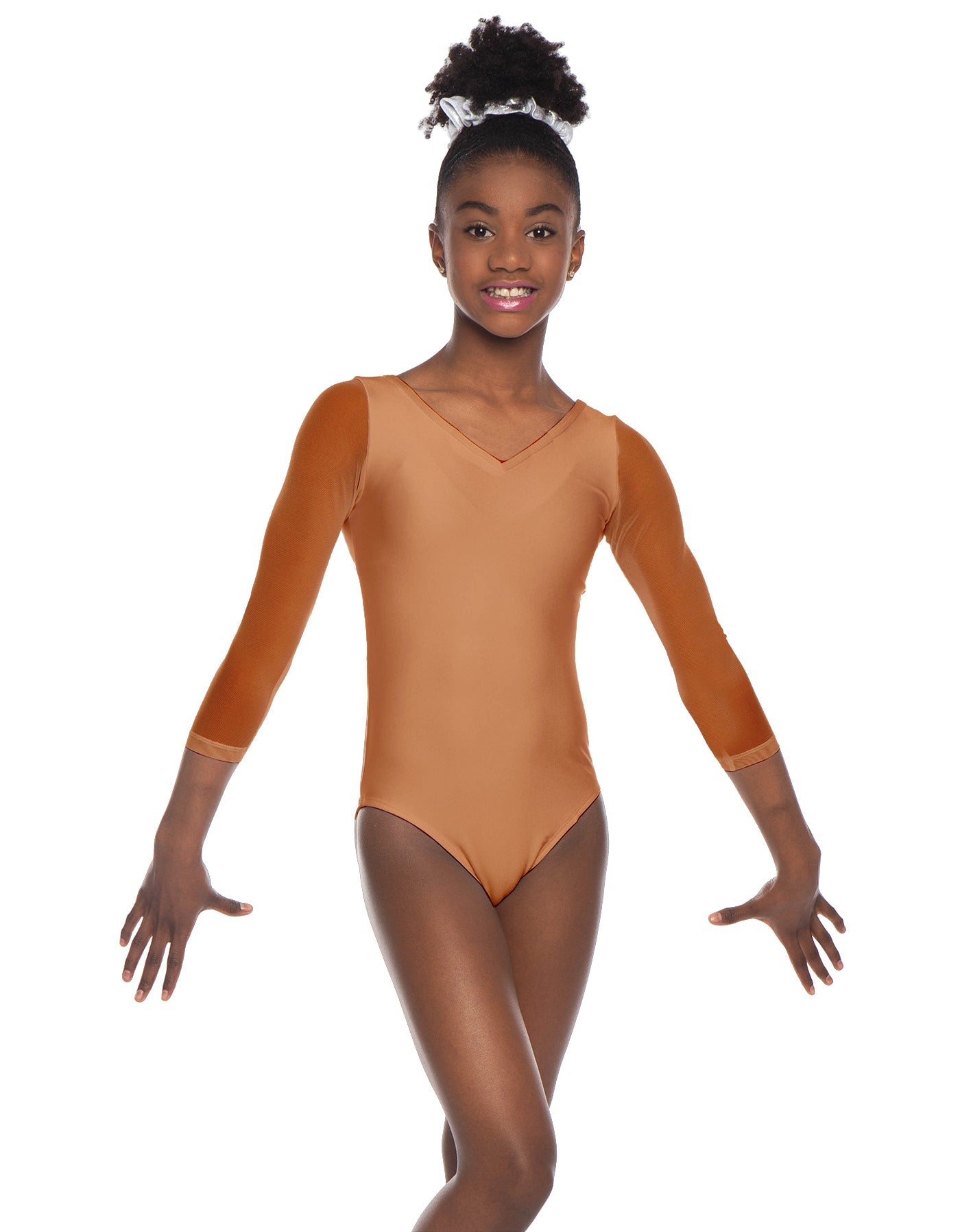 Solid Lycra Mesh 3/4 Sleeve V-Neck Leotard Gymnastics
