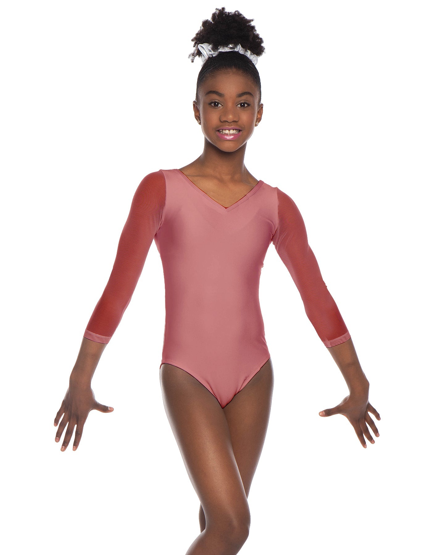 Solid Lycra Mesh 3/4 Sleeve V-Neck Leotard Gymnastics