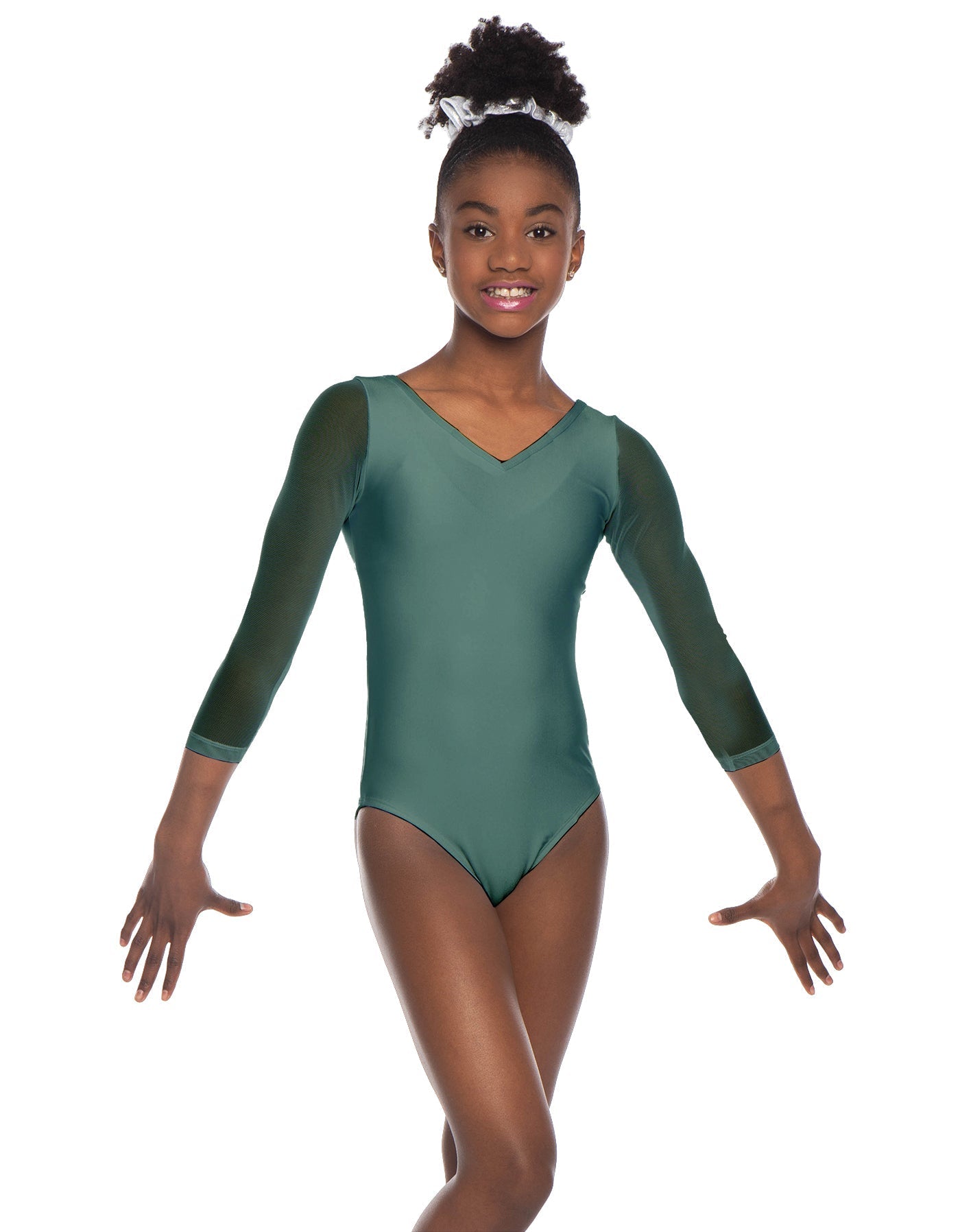 Solid Lycra Mesh 3/4 Sleeve V-Neck Leotard Gymnastics