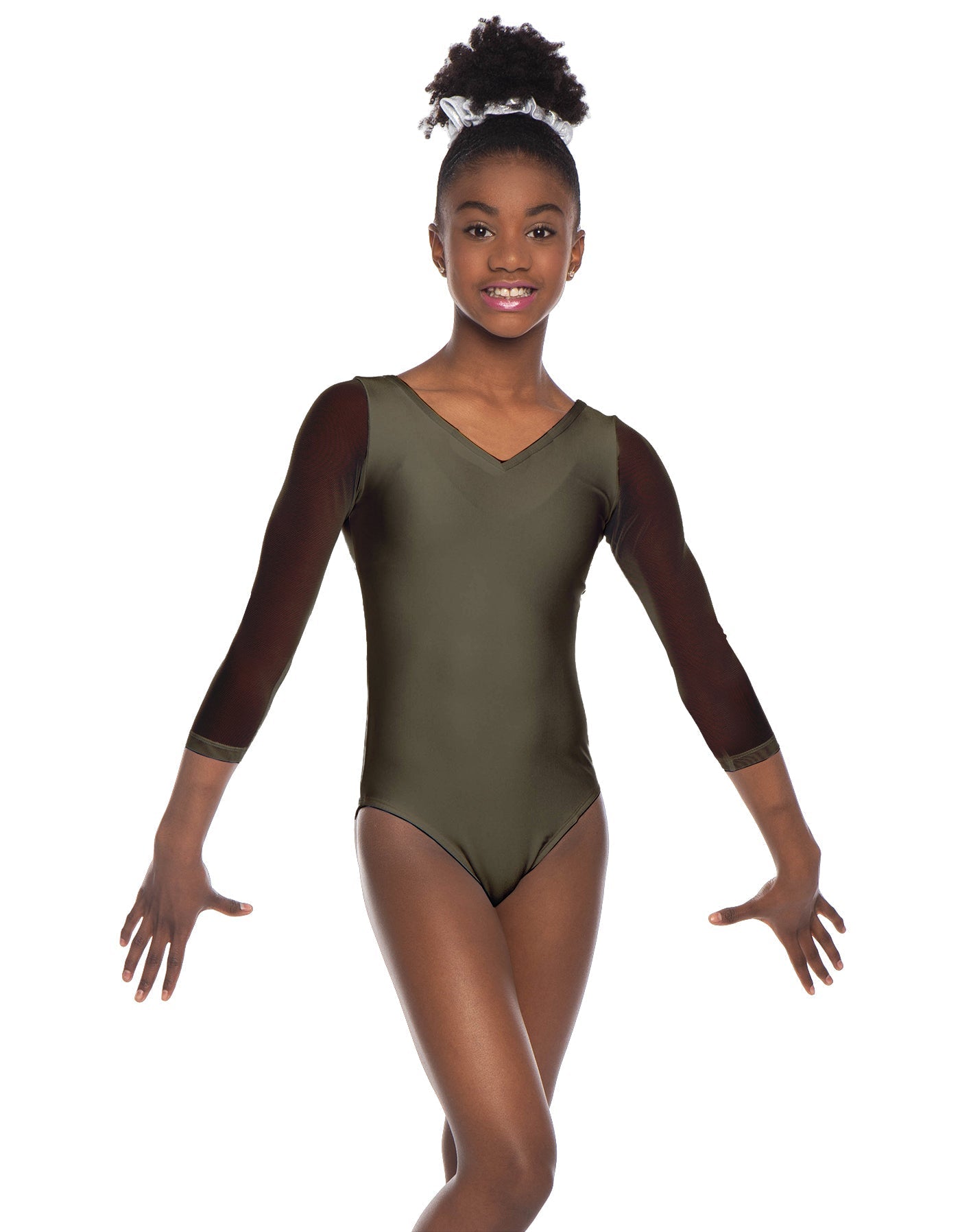 Solid Lycra Mesh 3/4 Sleeve V-Neck Leotard Gymnastics